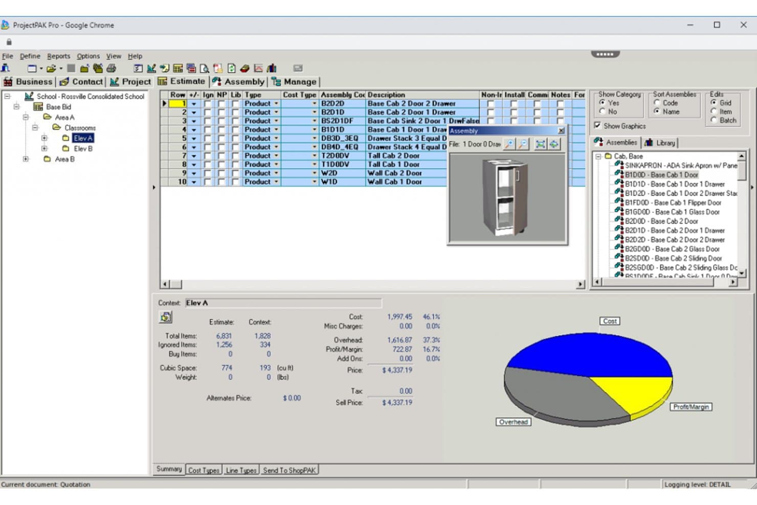 TradeSoft ProjectPAK Pro showing cabinet assembly list, 3D preview, and cost summary pie chart.