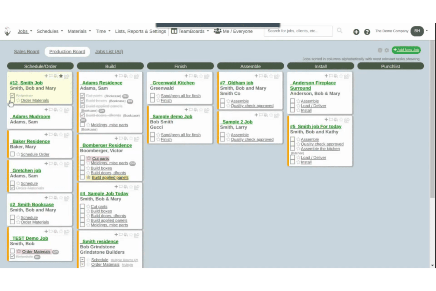 Cabinetshop Maestro production board showing job cards organized across workflow stage columns.