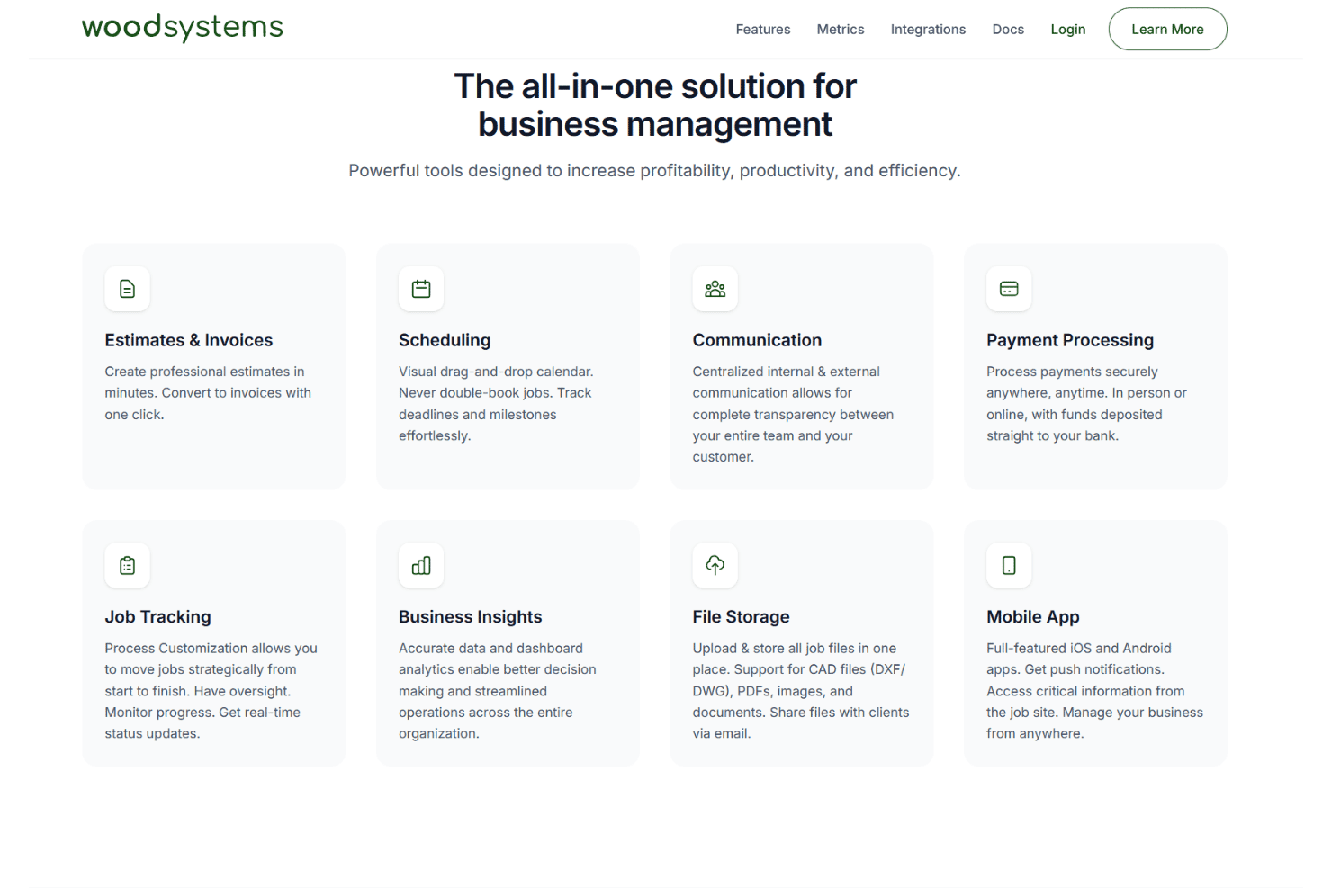 Woodsystems homepage showcasing eight core business management features in a grid layout.
