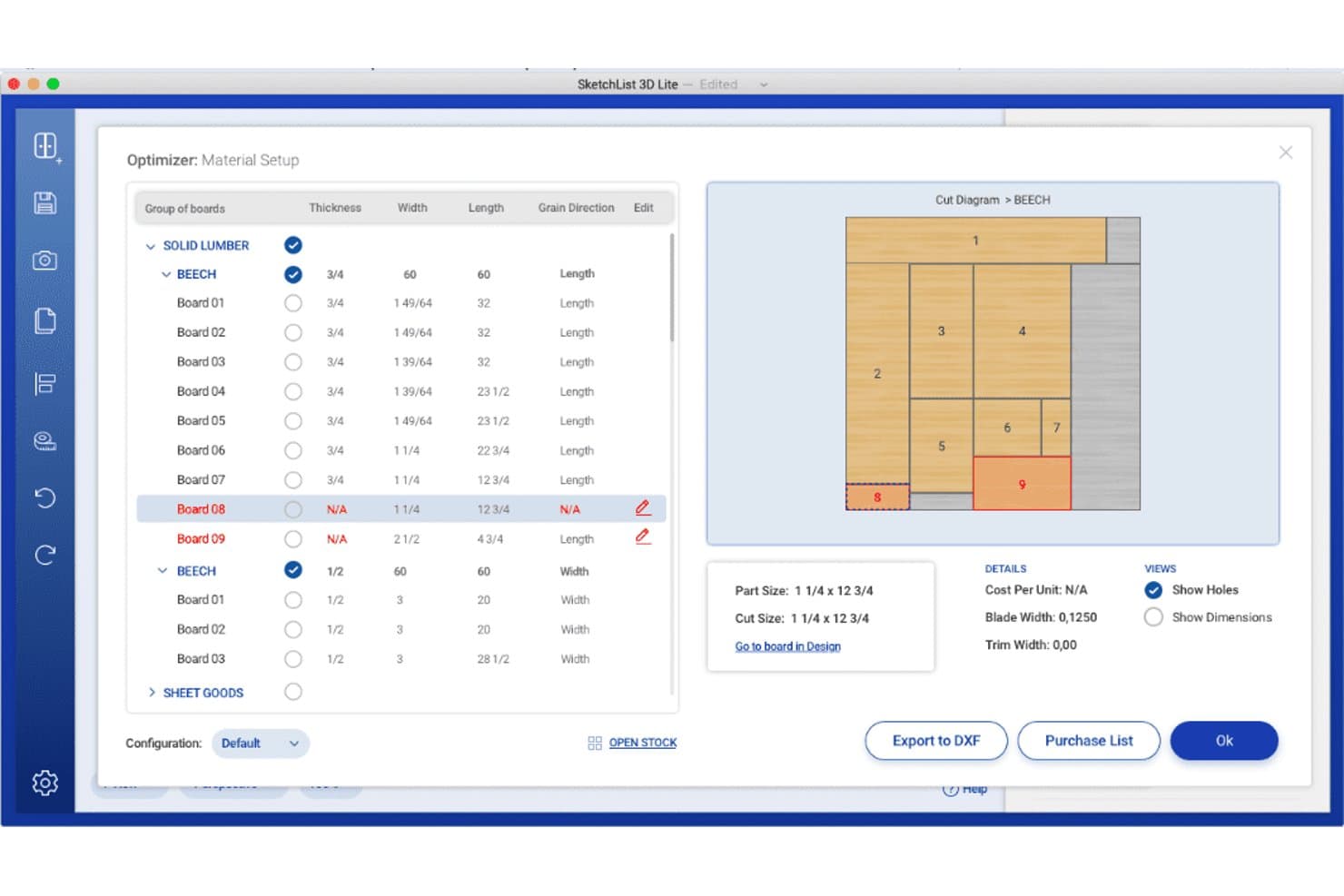 SketchList 3D optimizer material setup dialog showing cut diagram and board list.