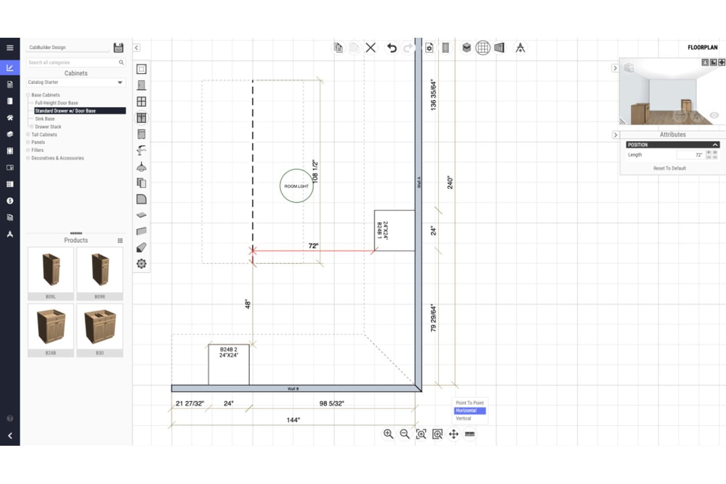 CabBuilder floorplan screenshot showing cabinet layout with labeled dimensions and 3D preview panel.