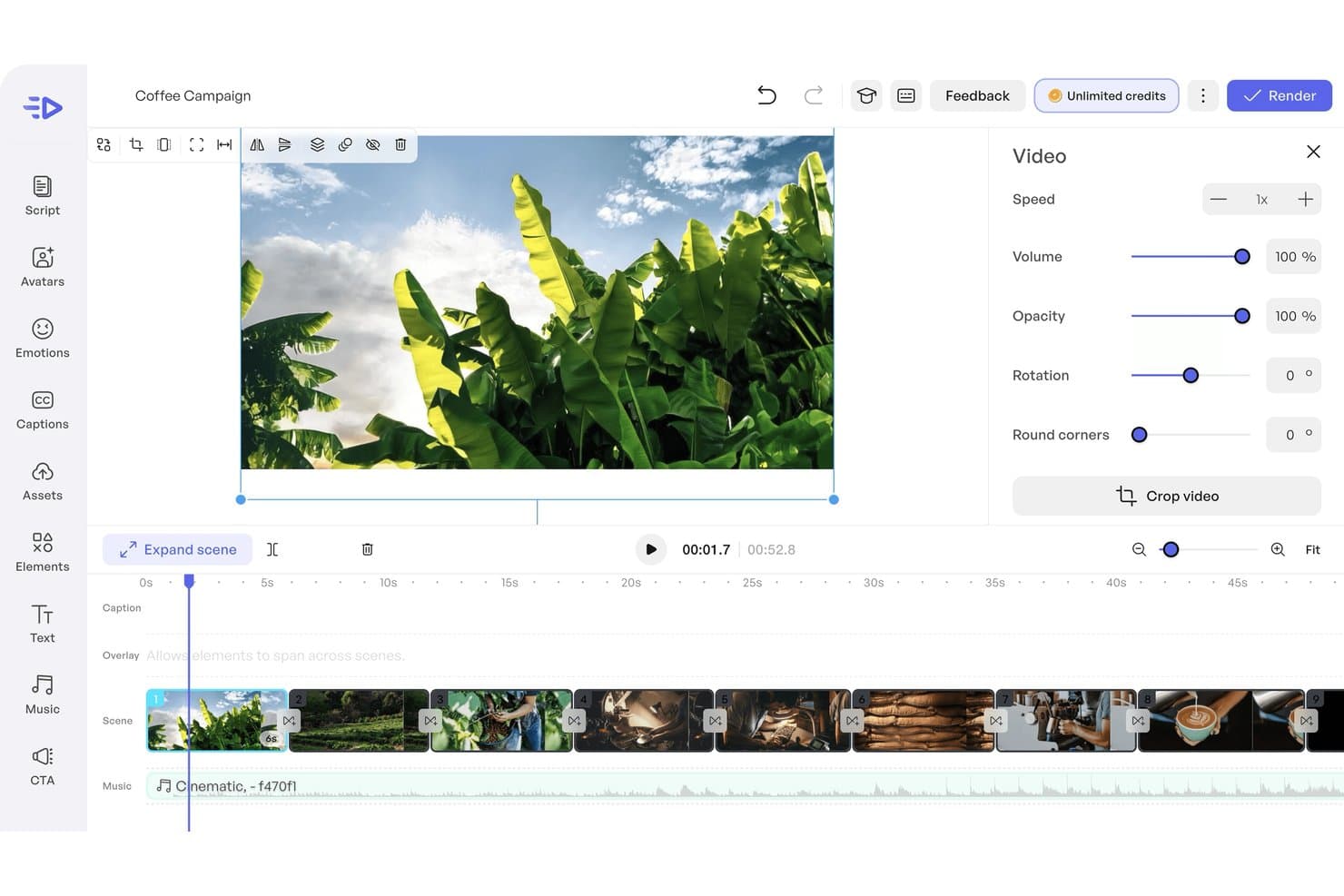 Creatify-KI-Videoeditor mit Zeitleiste, Szenenclips und Bedienfeld für Videoeigenschaften mit Steuerelementen für Geschwindigkeit, Lautstärke und Deckkraft.
