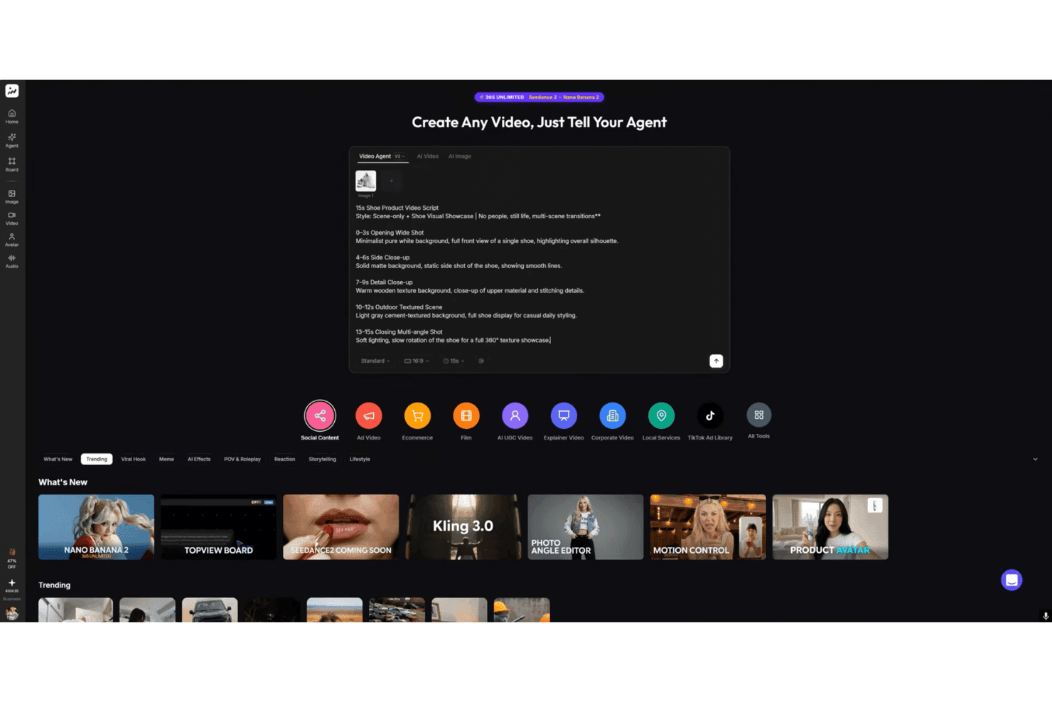 TopView.ai-Dashboard mit einem Skript-Editor für Videoagenten und angesagten KI-Videotools.
