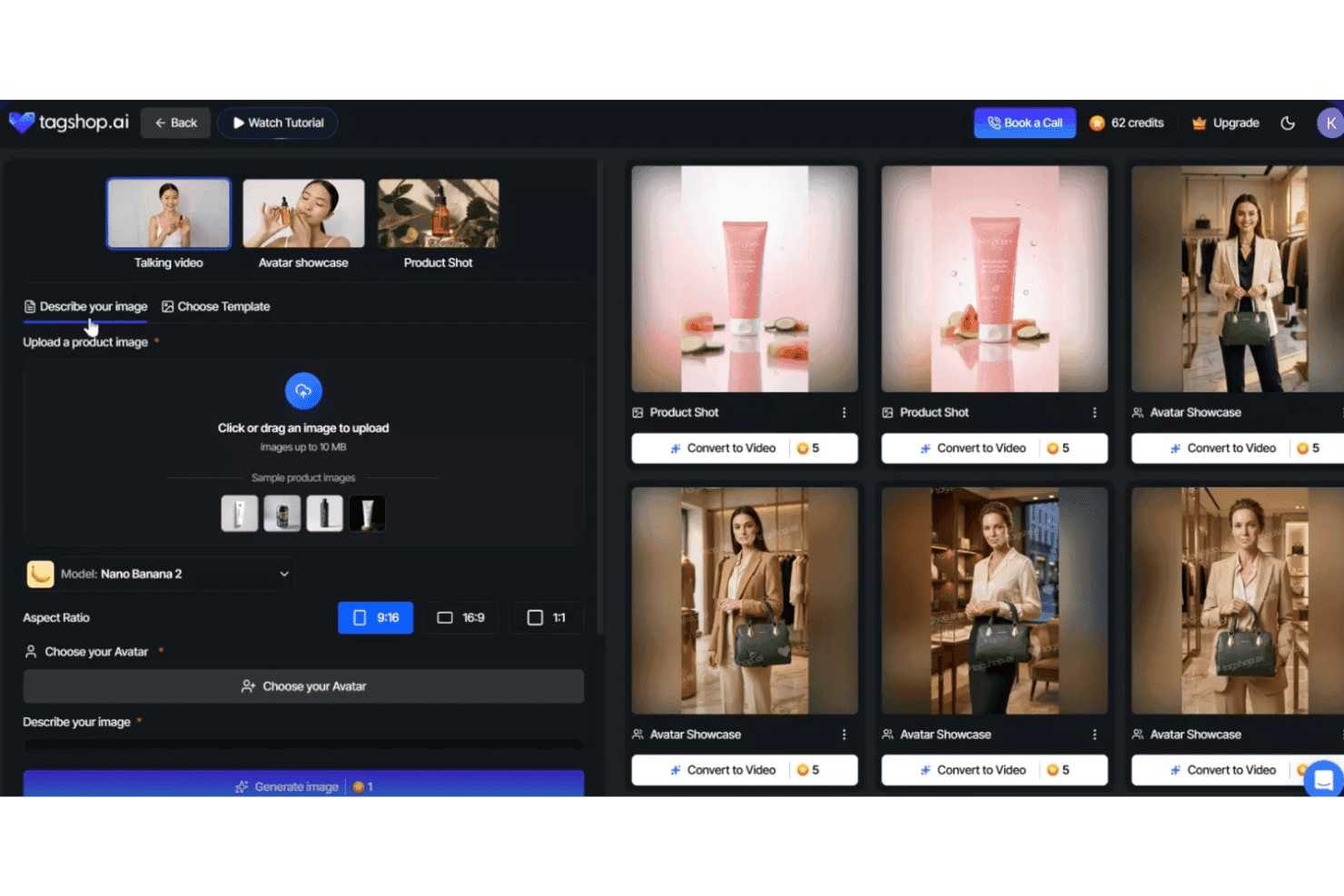 Tagshop AI:n studion käyttöliittymä, jossa näkyvät kuvien luontityökalut, avatar-esittely ja tuotekuvagalleria.