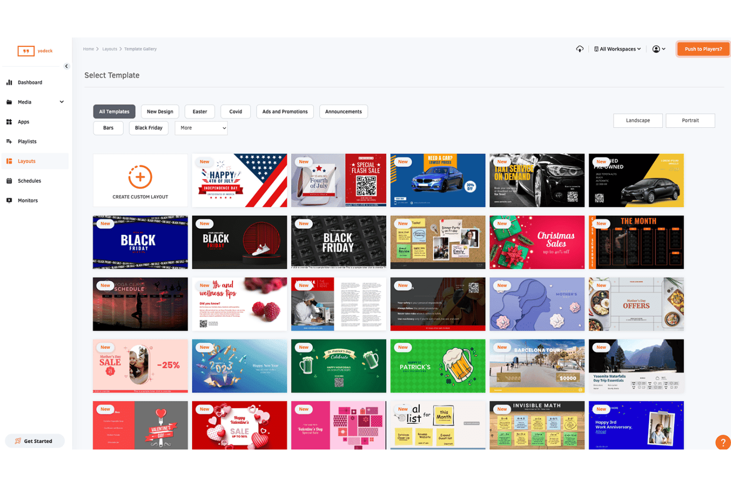 Galería de plantillas de Yodeck que muestra opciones de diseño de señalización digital en vista horizontal.