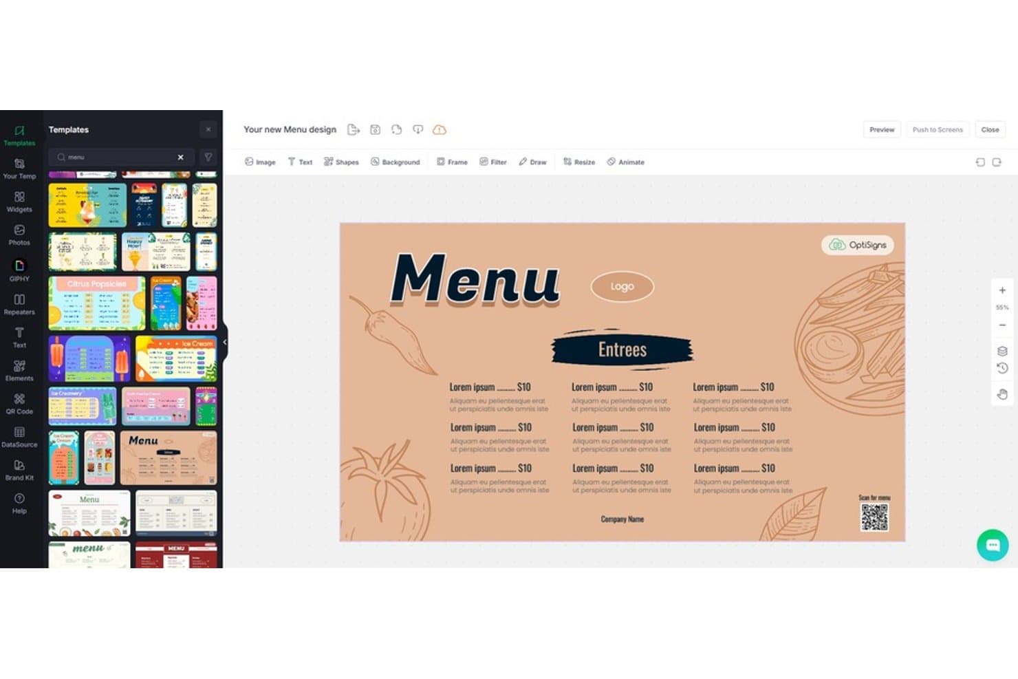 Editor de diseño de menús de OptiSigns que muestra plantillas de menús de restaurante y un lienzo de menú beige.