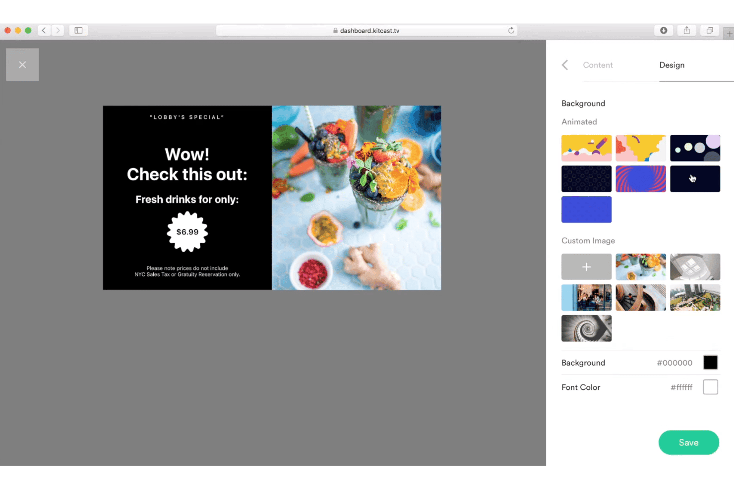 Panel de control de Kitcast que muestra una diapositiva promocional de un restaurante con un panel de personalización del diseño a la derecha.