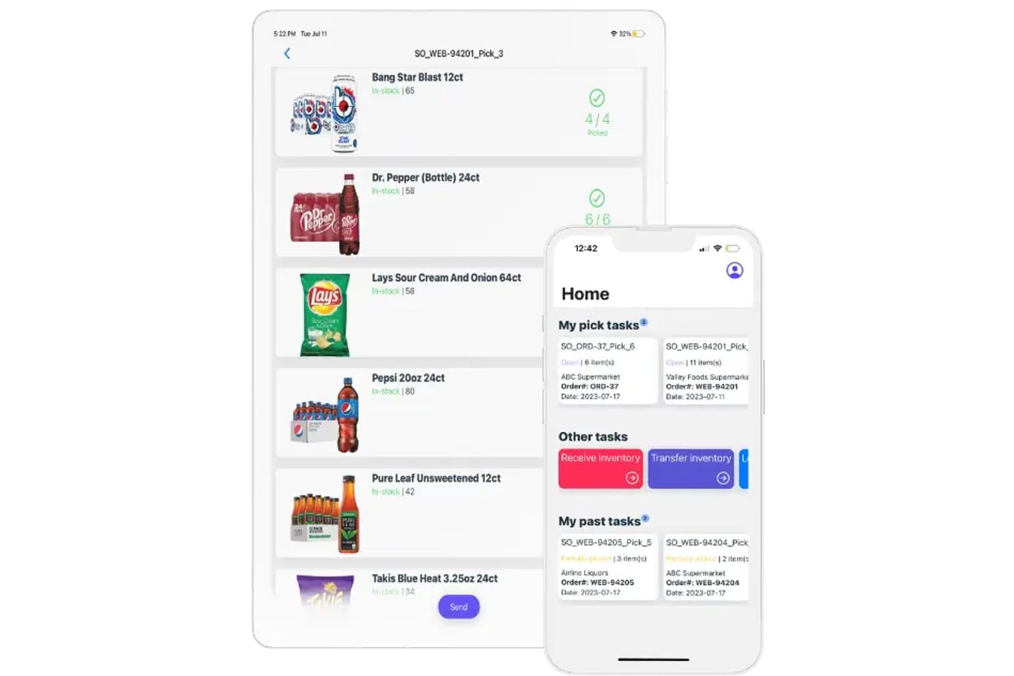 InSitu Sales-mobilapp, der viser en liste over plukkeopgaver med produkter samt et kontrolpanel på startskærmen.