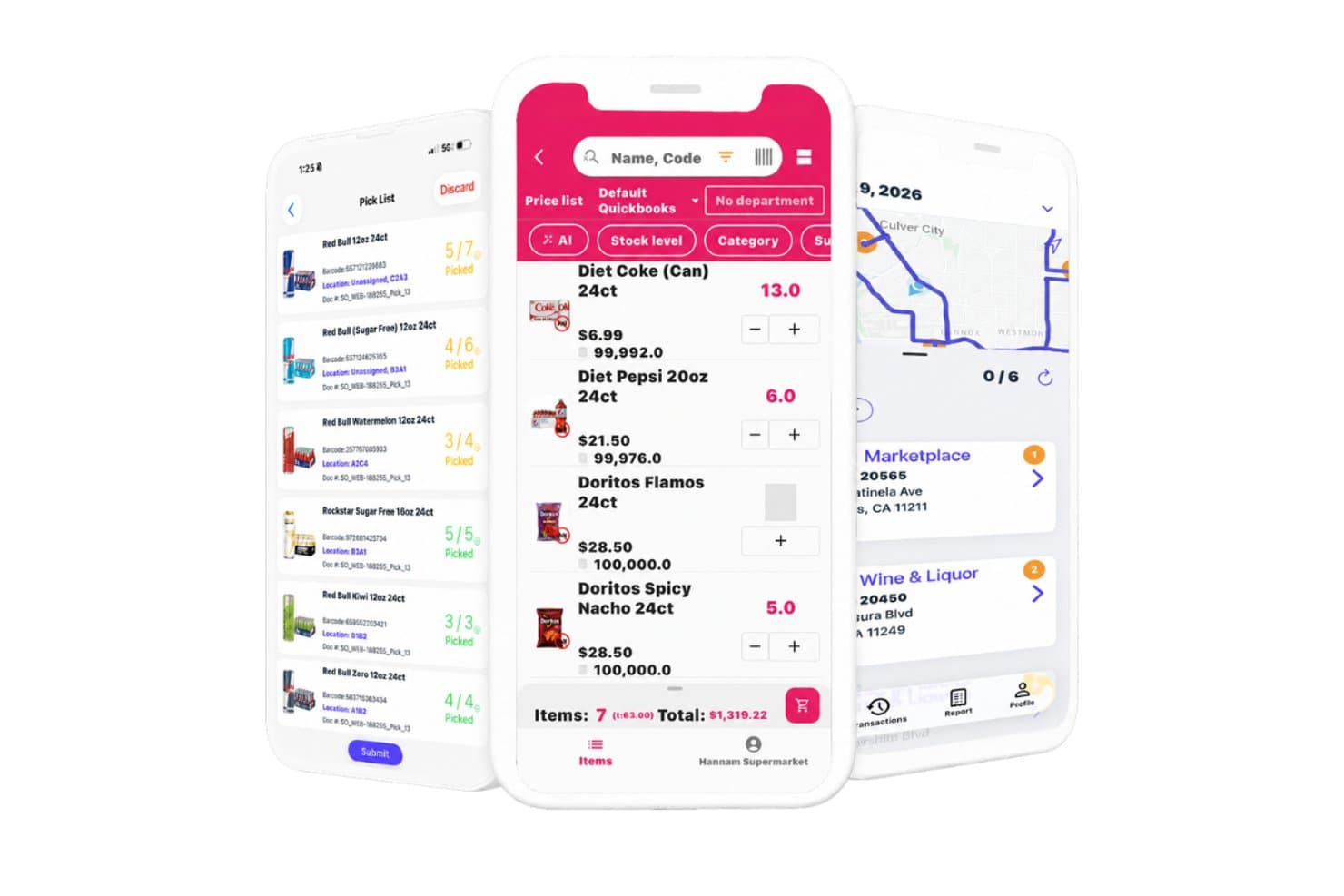 InSitu Sales Mobile-App mit Pickliste, Produktbestellbildschirm und Lieferkarte auf drei Telefonen.