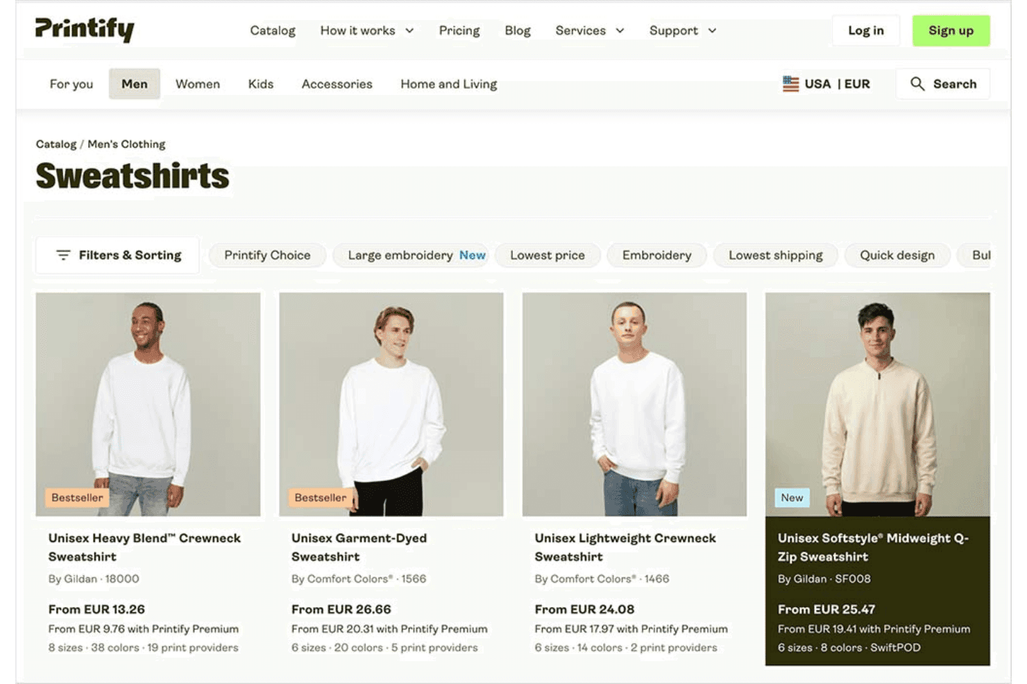 Página del catálogo de Printify que muestra sudaderas para hombre con precios y opciones de filtro.