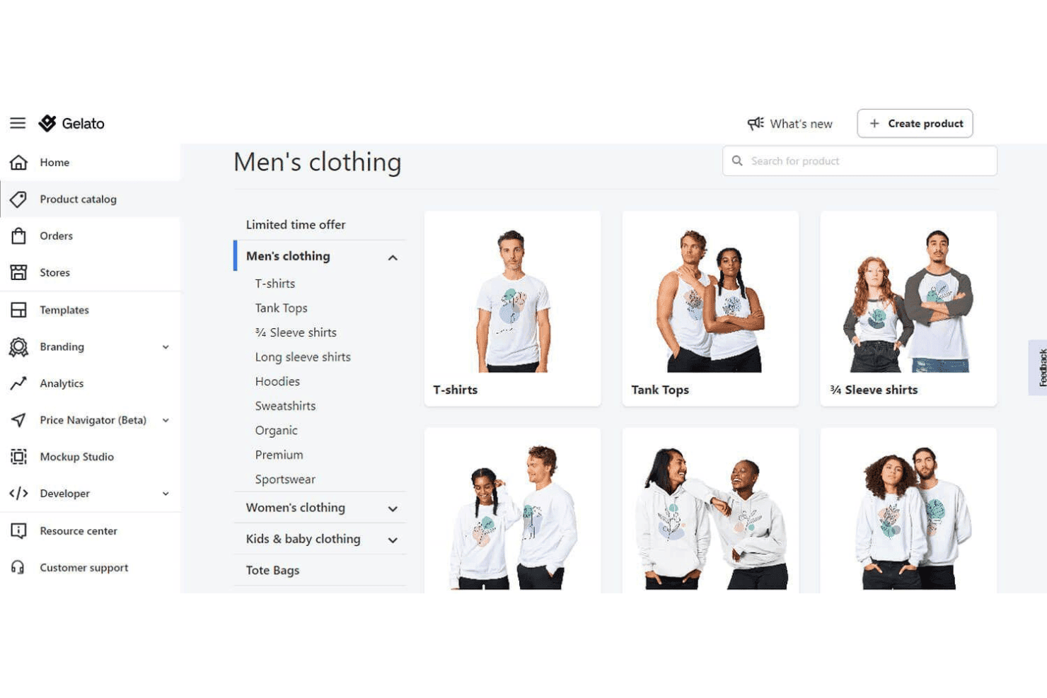 Panel de control de Gelato que muestra un catálogo de productos de ropa masculina con camisetas, camisetas de tirantes y sudaderas con capucha.
