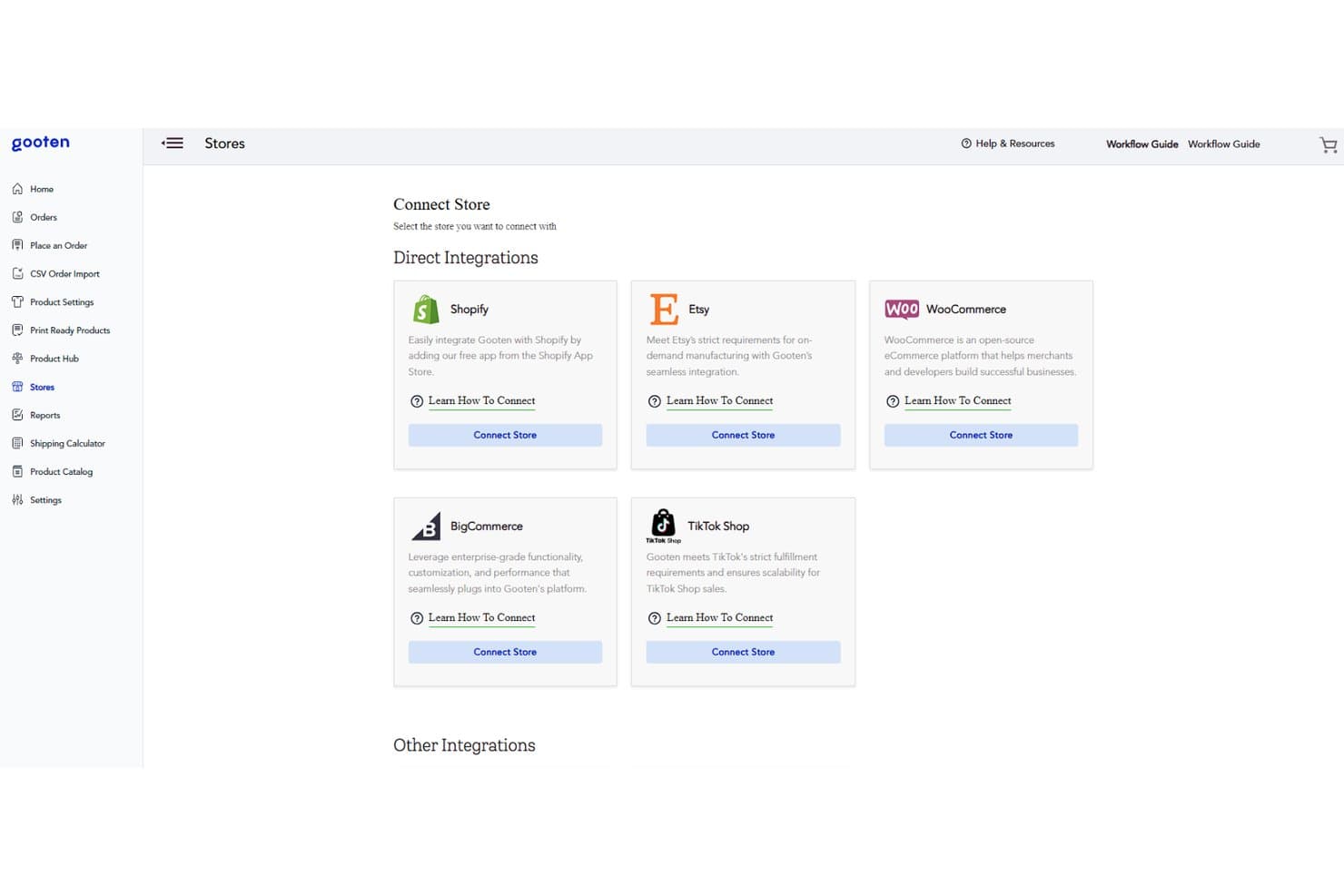 Página de tiendas de Gooten que muestra las opciones de Conectar tienda para Shopify, Etsy, WooCommerce, BigCommerce y TikTok Shop.