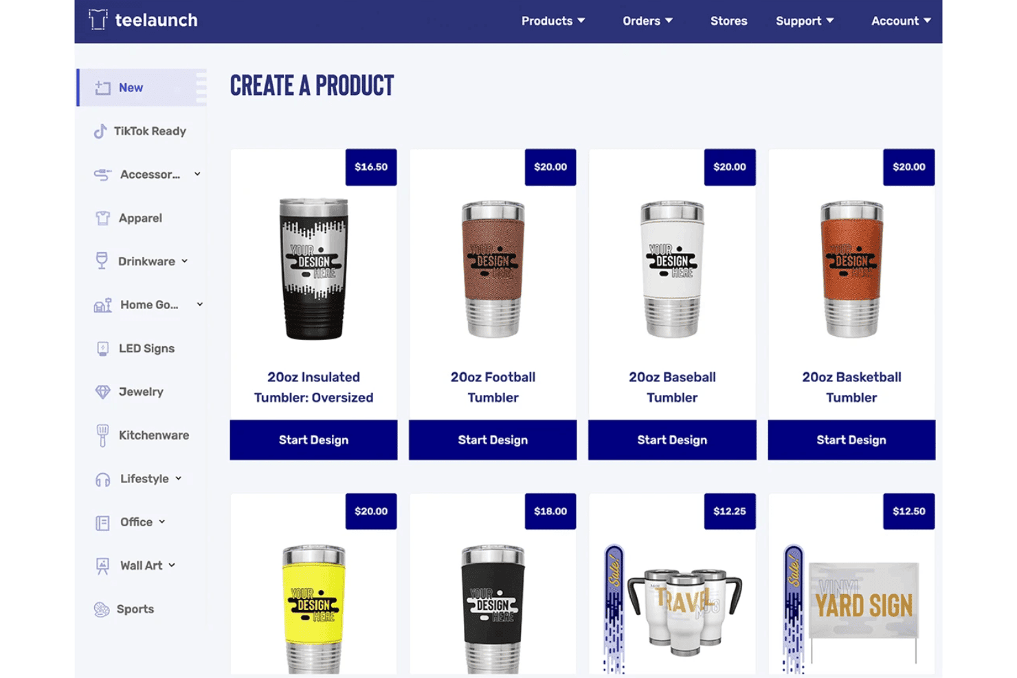 Página de creación de productos de Teelaunch que muestra vasos personalizables con precios y botones para comenzar el diseño.