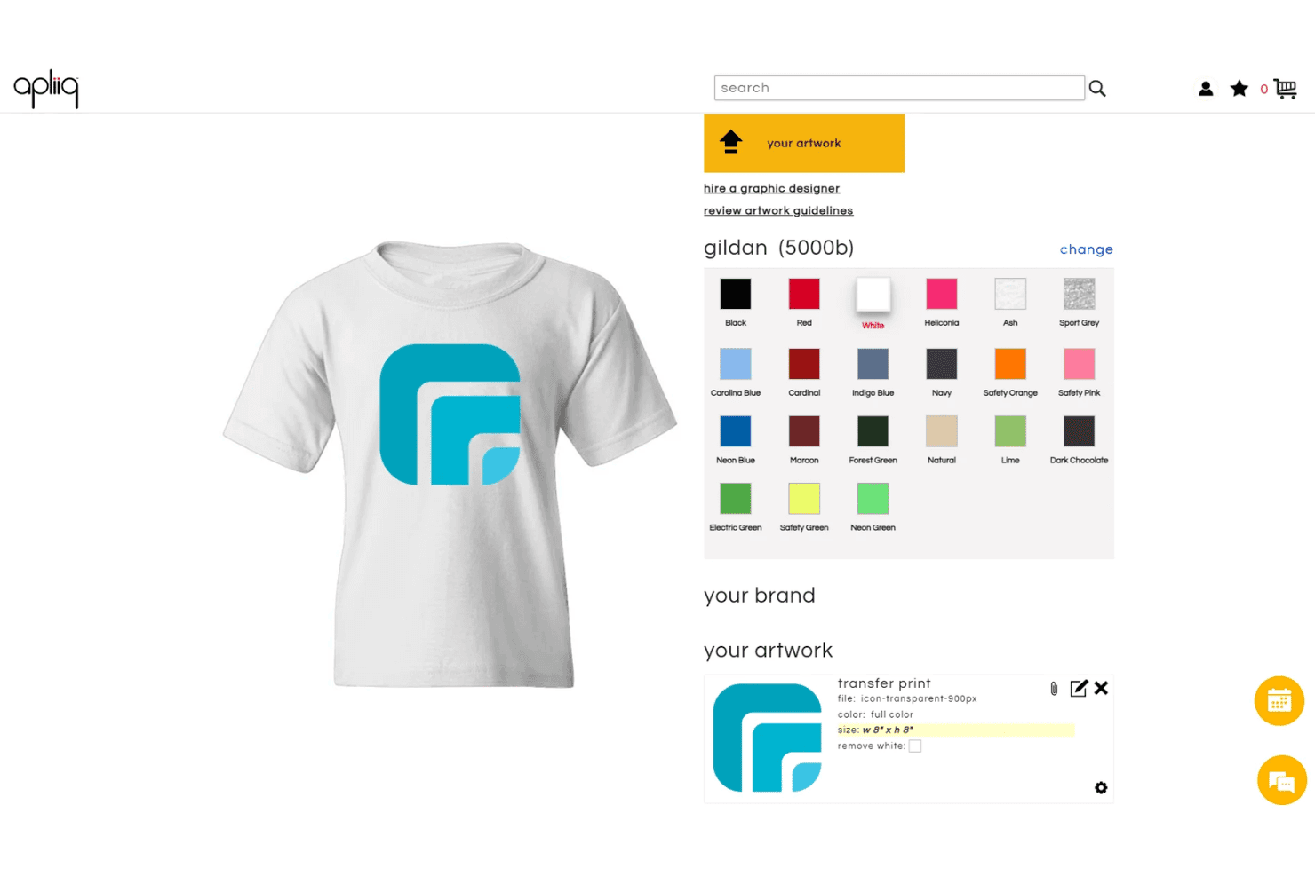 Diseñador de camisetas personalizadas de Apliiq que muestra un logotipo cargado en una camiseta Gildan blanca con muestras de colores.