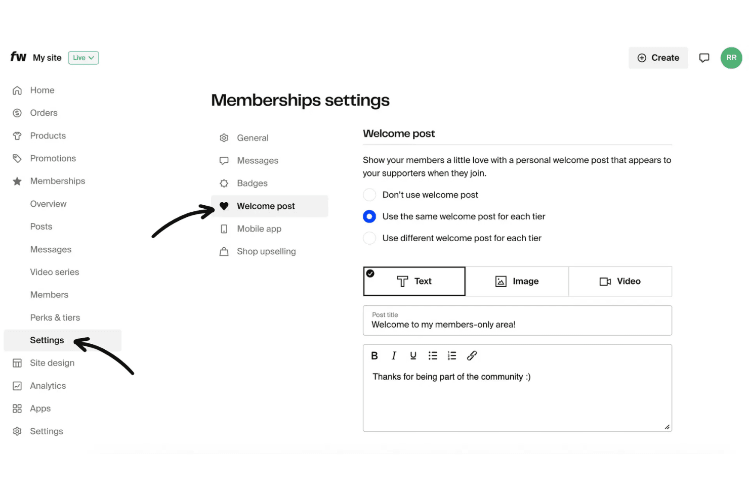 Página de configuración de membresías de Fourthwall que muestra la configuración de una publicación de bienvenida con editor de texto