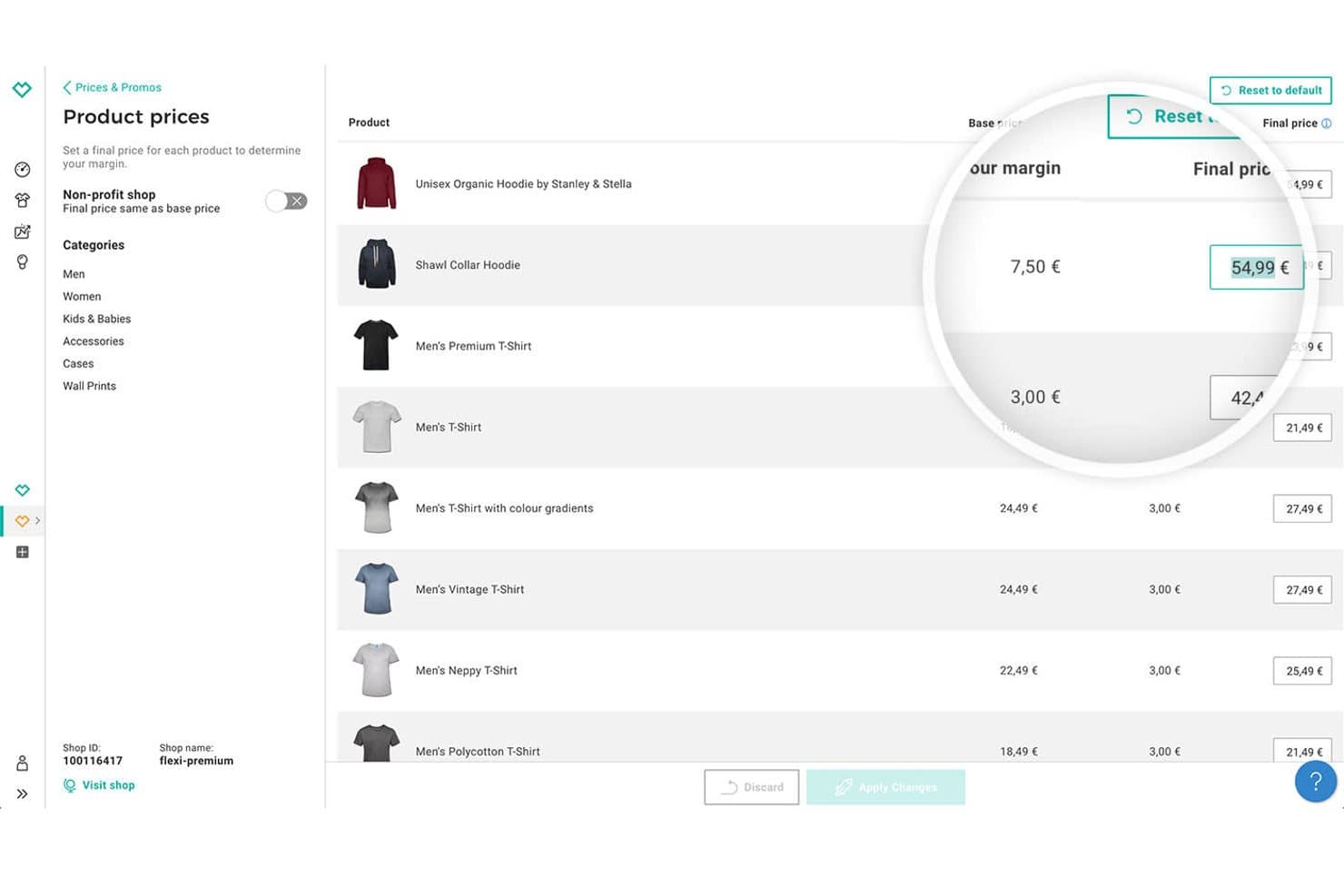 Panel de precios de productos de Spreadshop que muestra los campos de precio base, margen y precio final para artículos de vestir.