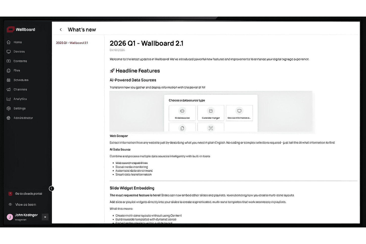 Udgivelsesnoter til Wallboard 2.1, der viser AI-datakilder og funktioner til diaswidgets.