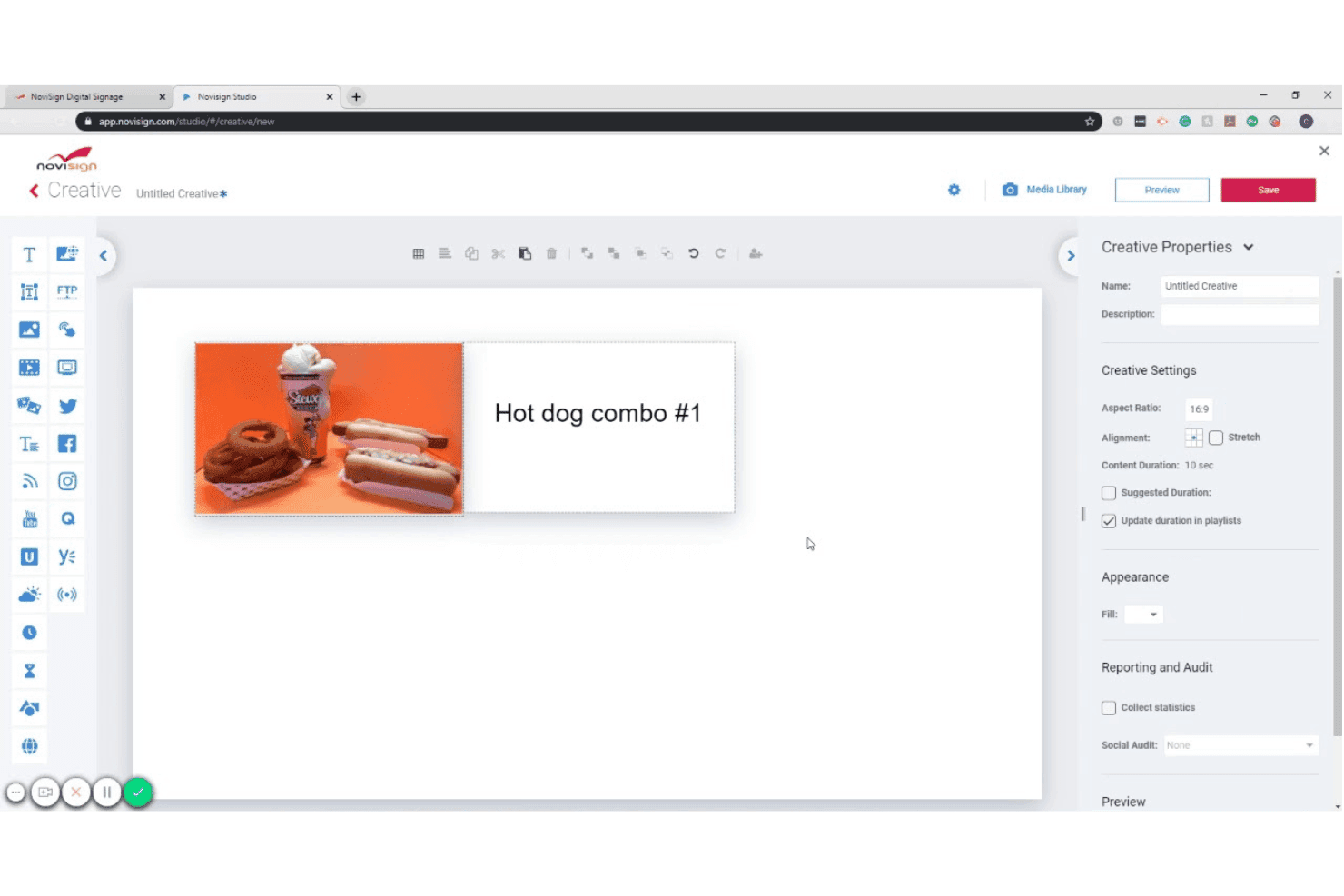 NoviSign Studio -editori, jossa näkyy kuvan ja tekstin sisältävä hot dog -yhdistelmäannoksen dia.