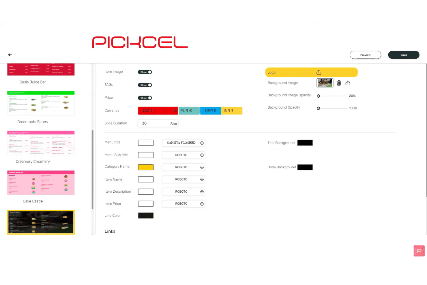 Pickcelin digitaalinen ruokalistaeditori, jossa näkyy fonttien, värien ja valuutta-asetusten paneeli.