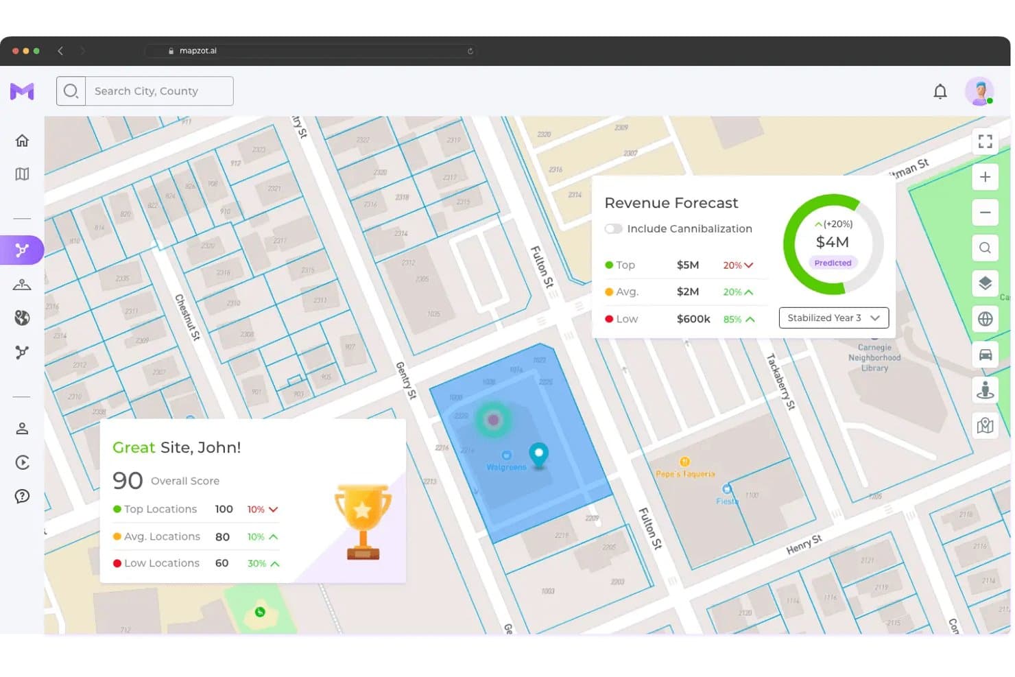 MapZot.AI-kortkontrolpanel, der viser en lokalitetsscore på 90 og en omsætningsprognose på $4M.