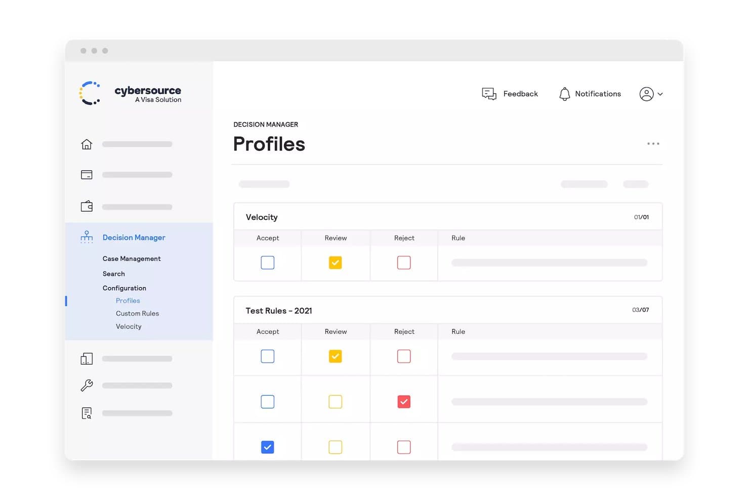 Cybersource Decision Manager-profilsiden, der viser afkrydsningsfelter for handlingerne Accepter, Gennemgå og Afvis.