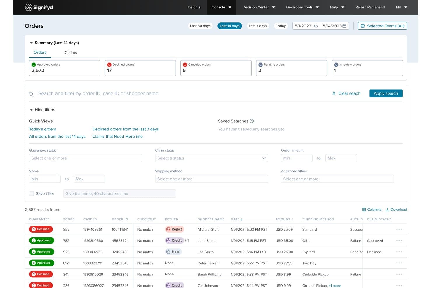 Signifyd-konsolens dashboard, der viser en oversigt over ordrer med filtre og en resultatliste.