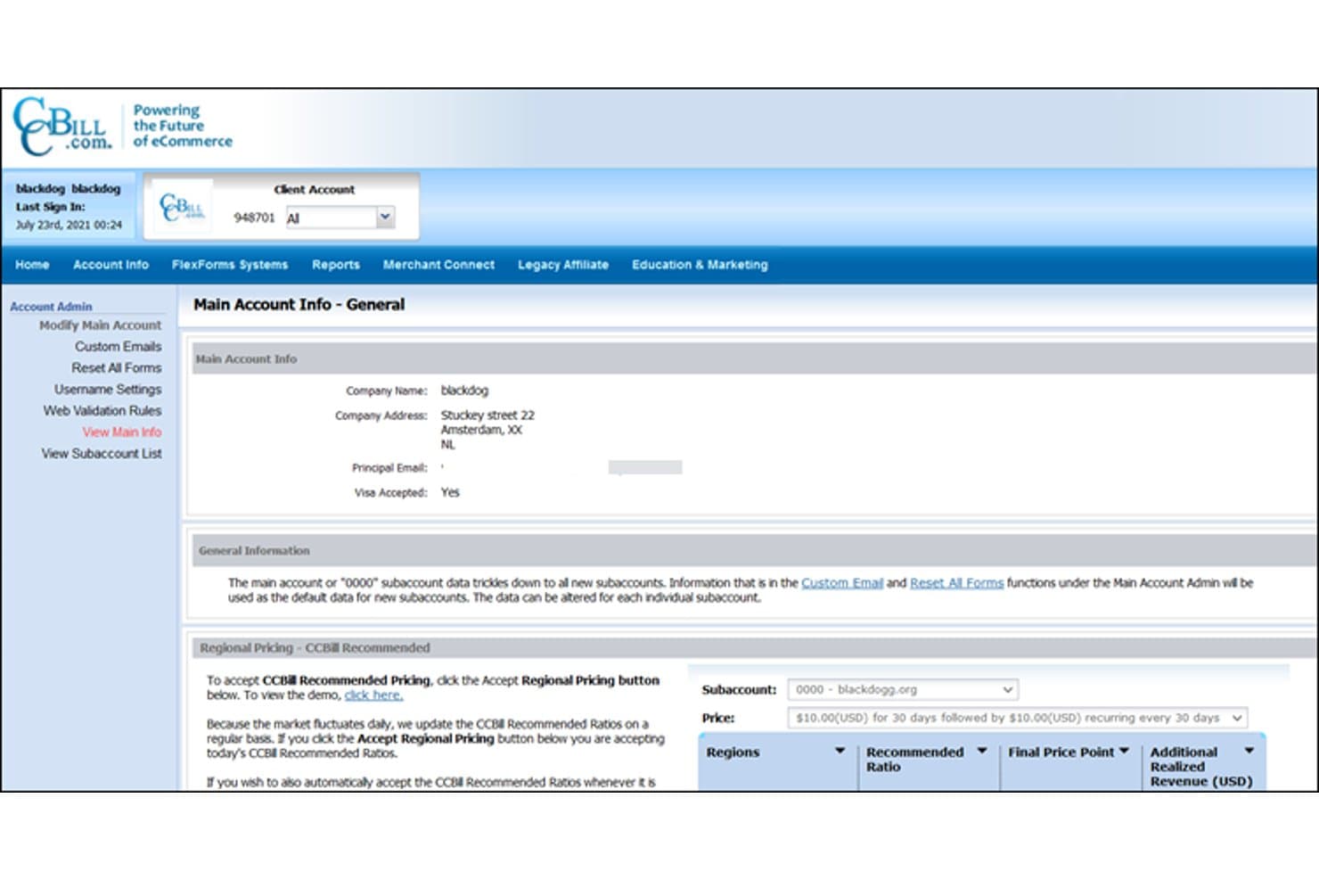 CCBills side med generelle kontooplysninger, der viser virksomhedsdetaljer og regional prissætning.