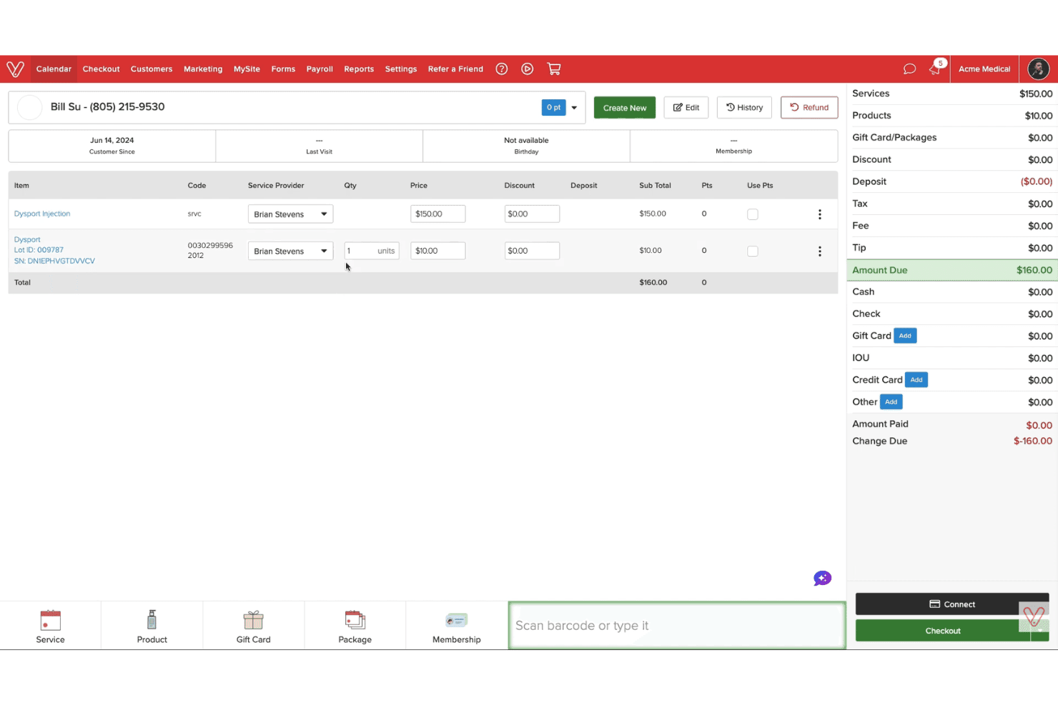 Vagaro checkout screen showing services, products, and $160 amount due.