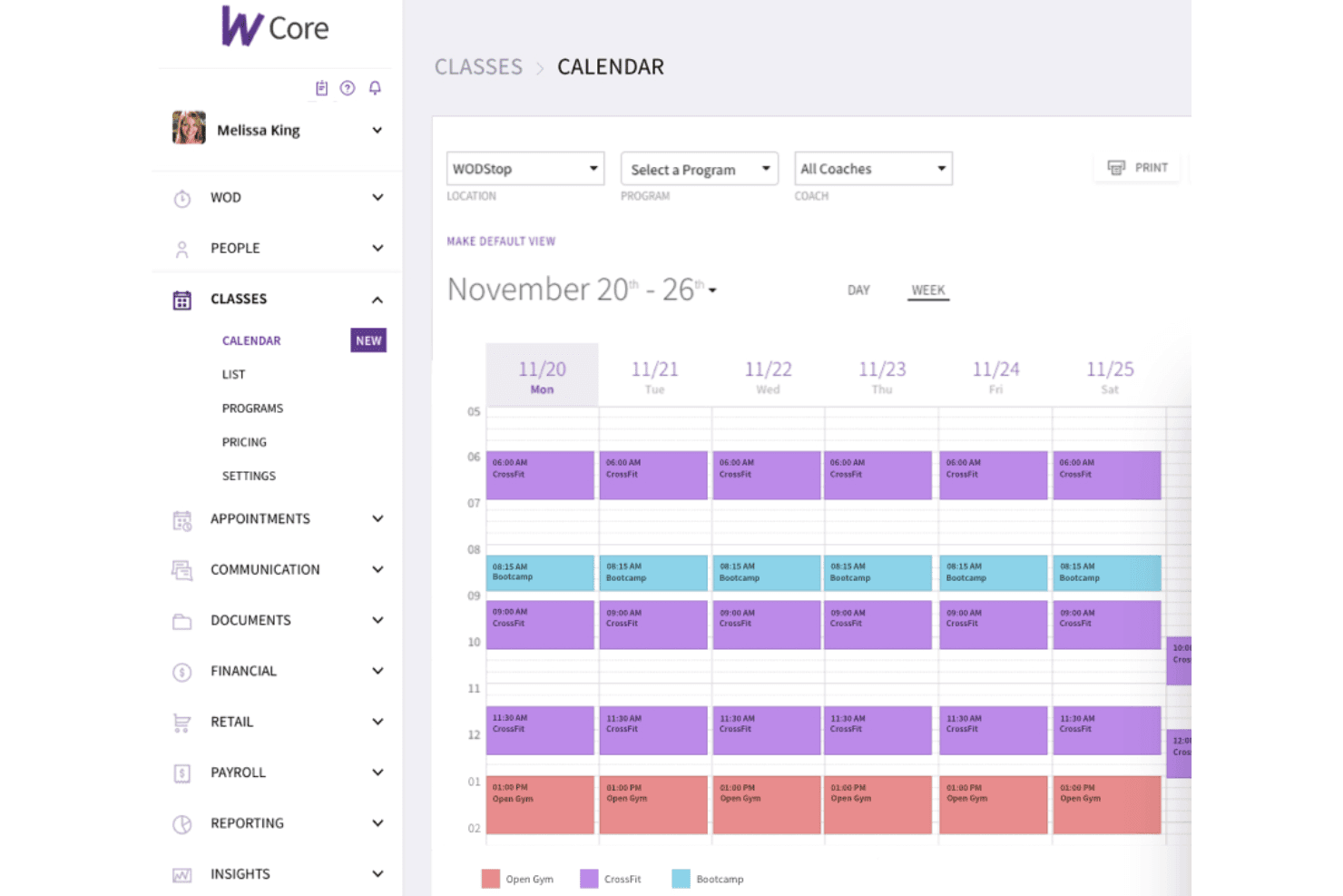 Wodify Core weekly class calendar showing CrossFit, Bootcamp, and Open Gym sessions.
