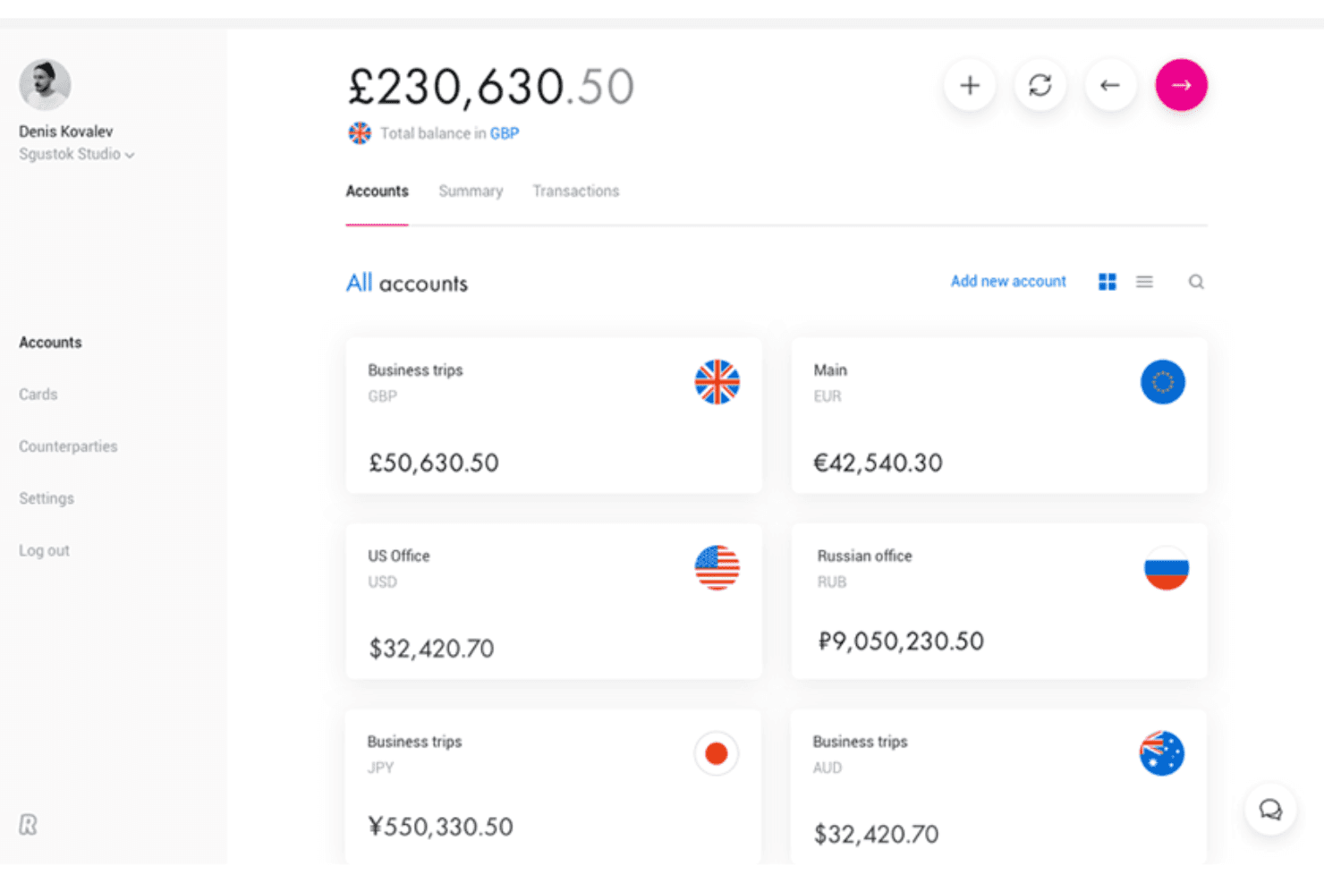 Revolut Business-kontrolpanel, der viser konti i flere valutaer med saldi i GBP, EUR, USD, RUB, JPY og AUD.