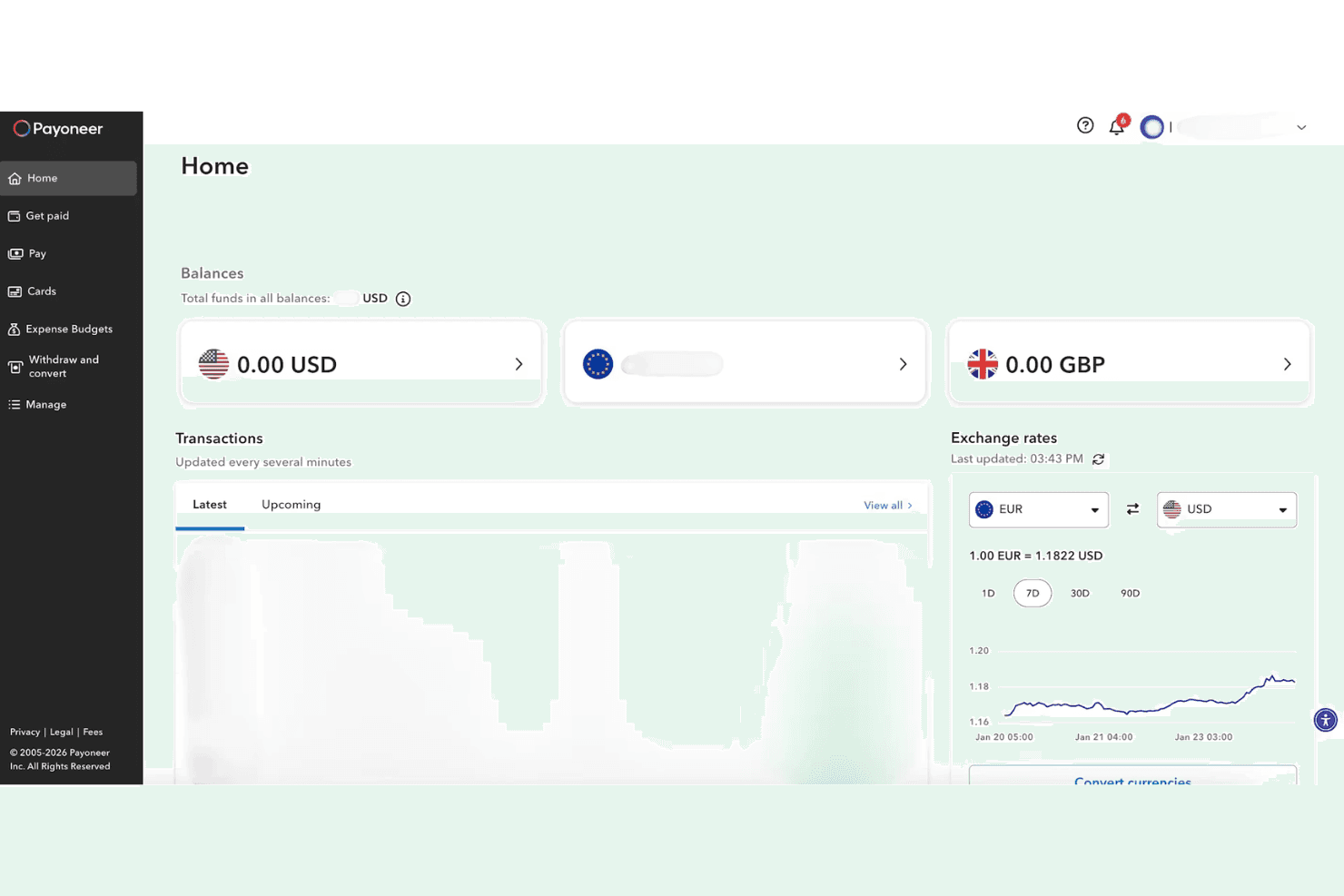 Payoneer-kontrolpanel, der viser saldi i USD, EUR og GBP samt et diagram over valutakursen fra EUR til USD.