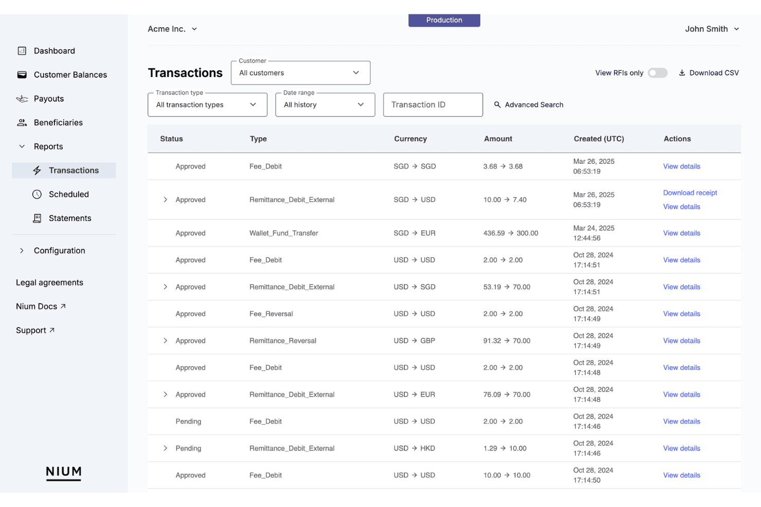 Nium-kontrolpanel, der viser en transaktionsliste med kolonner for status, type, valuta og beløb.