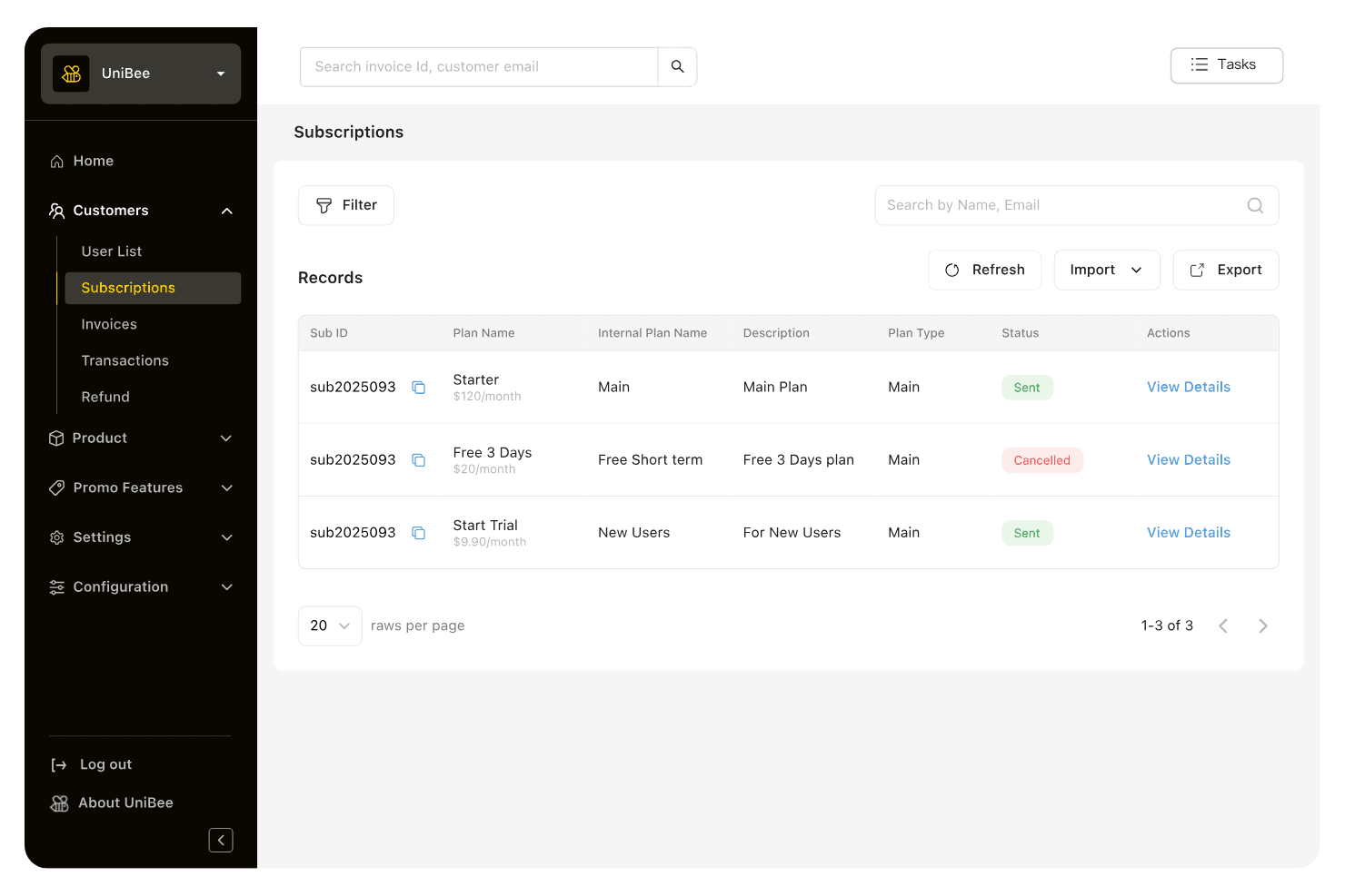 UniBee subscriptions dashboard showing three subscription records with status badges.