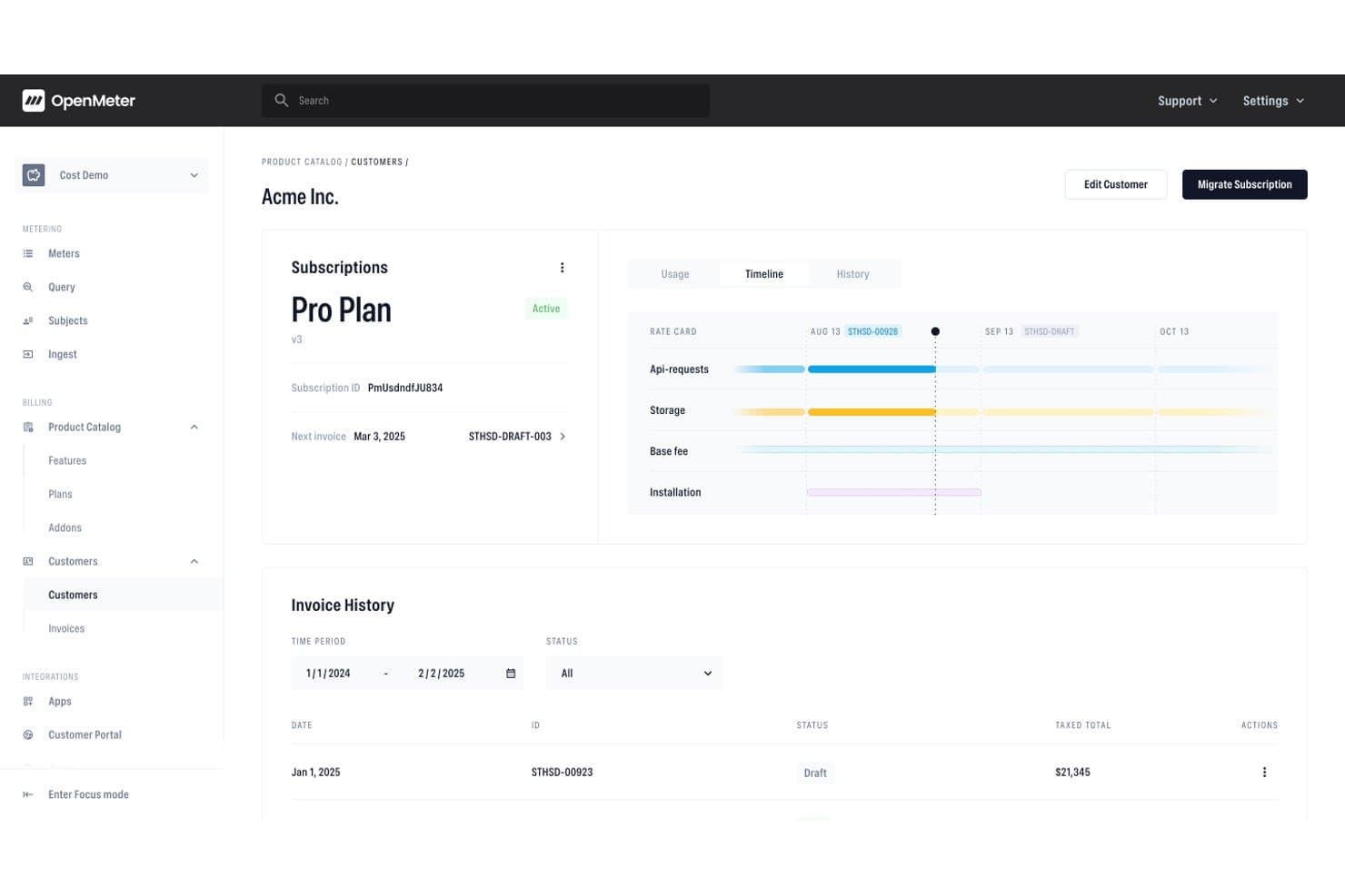 OpenMeter customer dashboard showing Pro Plan subscription timeline and invoice history.