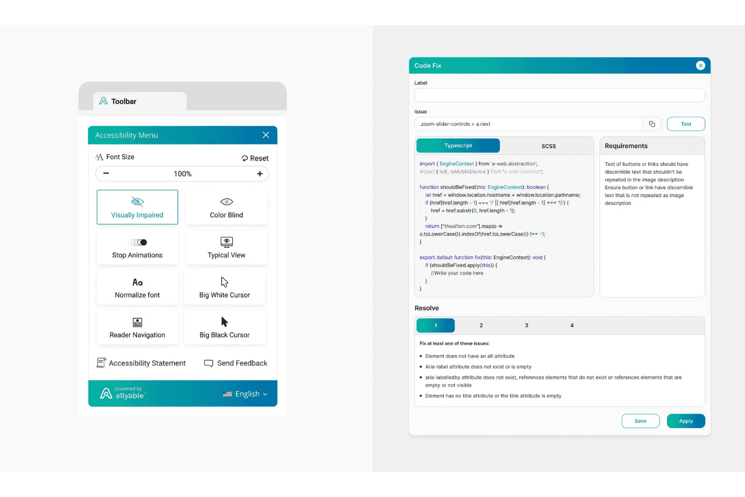 Menu dostępności i panel poprawek kodu z edytorem TypeScript oraz listą problemów.