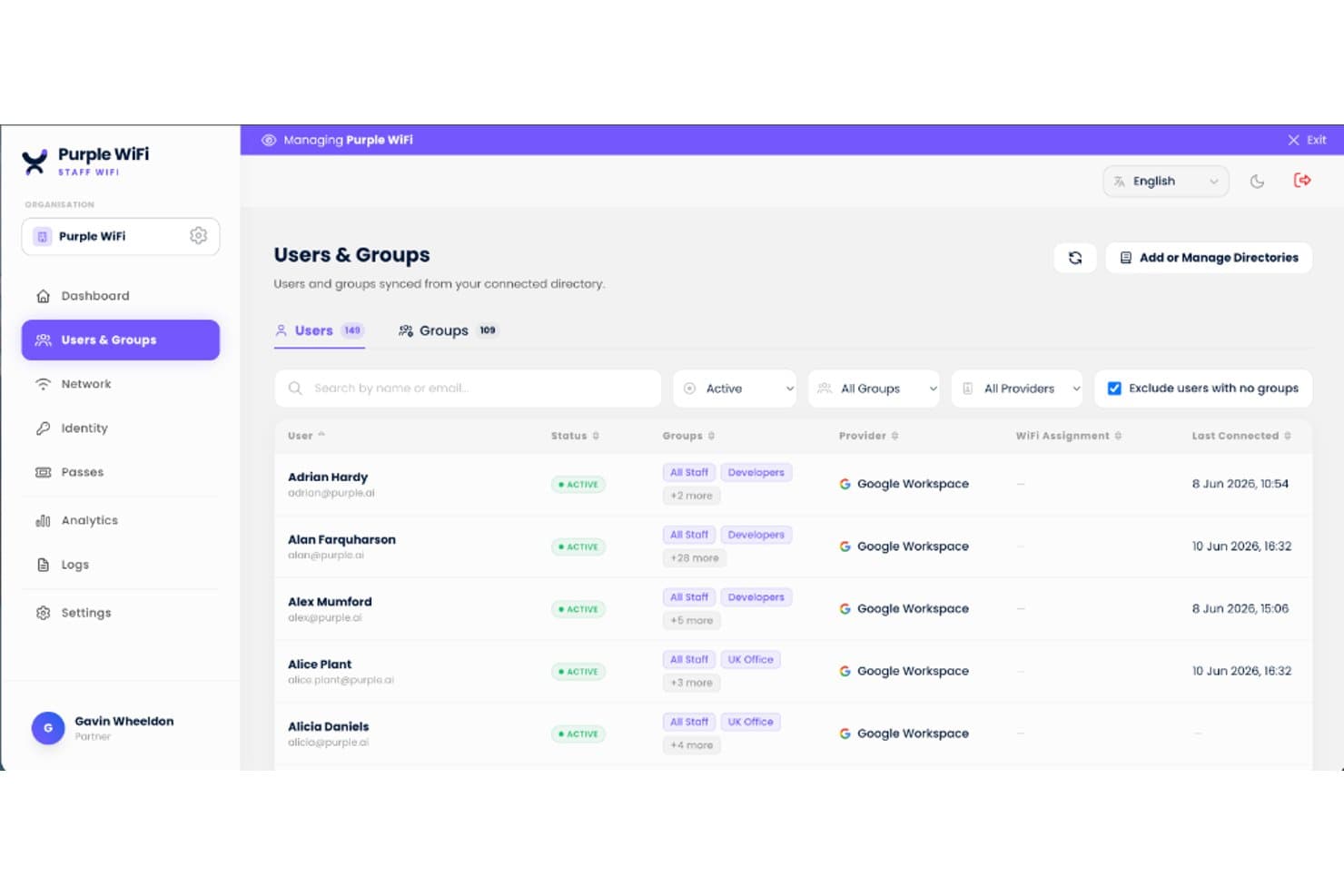 Purple WiFi dashboard showing Users and Groups list with active status and provider details.