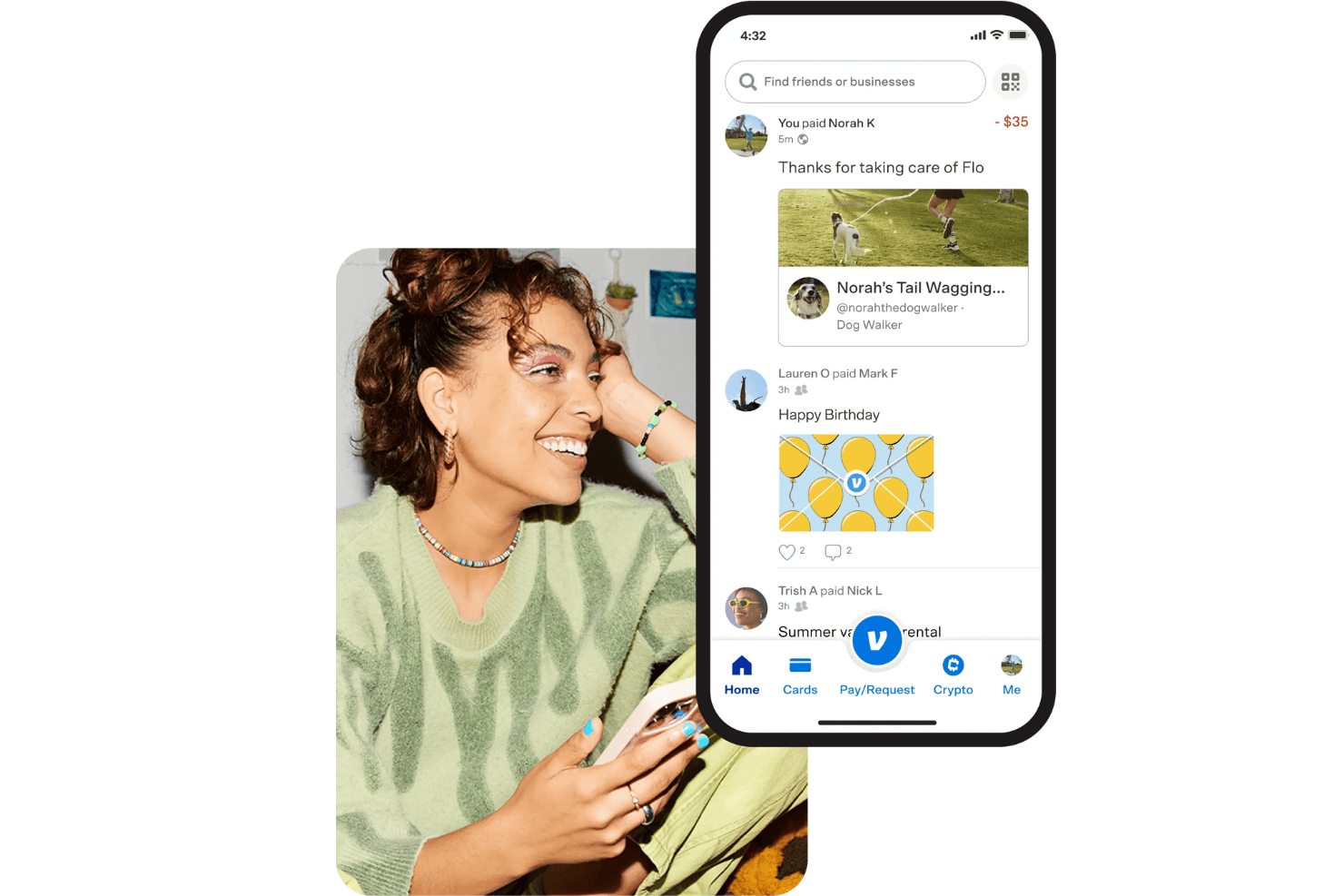 Venmo enables fast peer-to-peer payments and merchant purchases via linked cards.