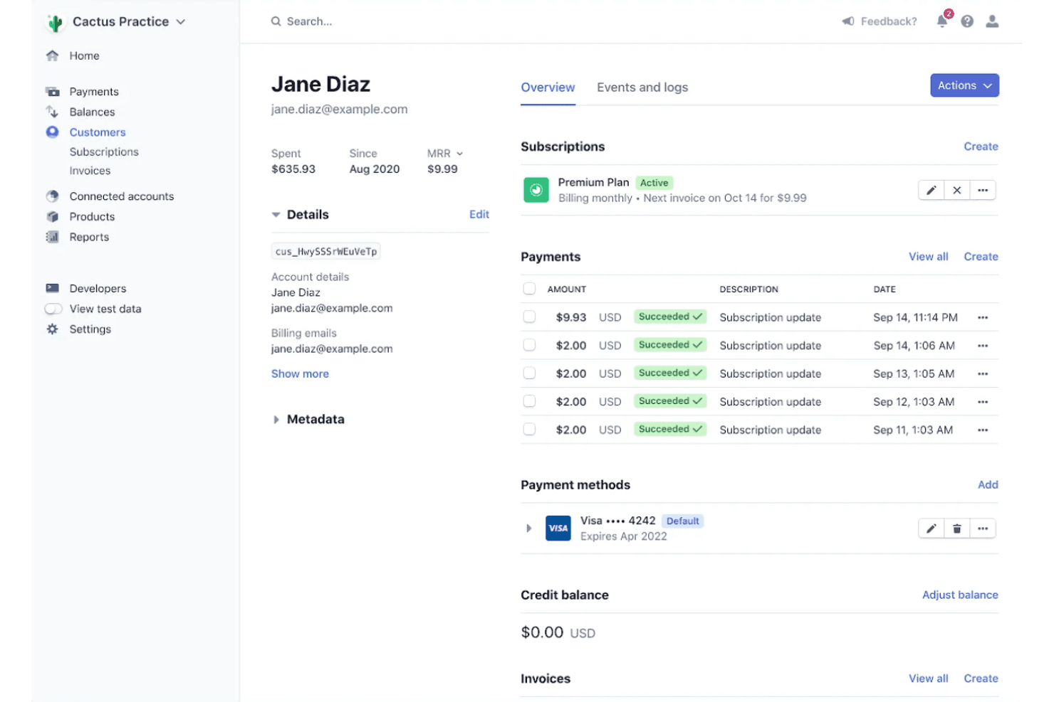 Stripe processes online payments via APIs, handling checkout and billing.