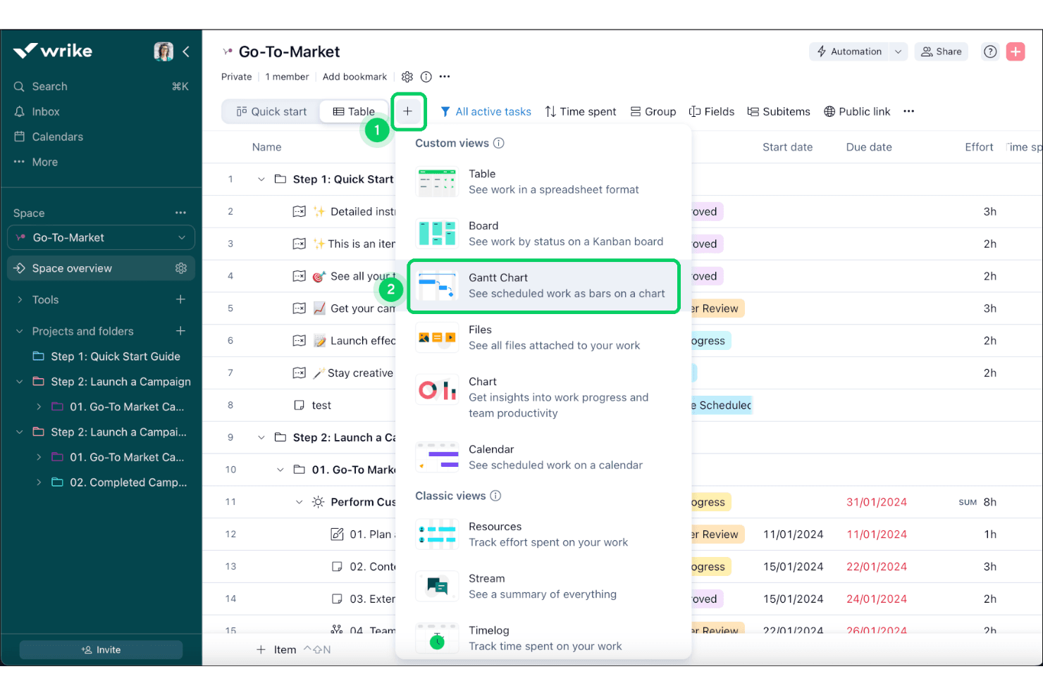 Wrike project management interface showing custom view menu with Gantt Chart option highlighted.