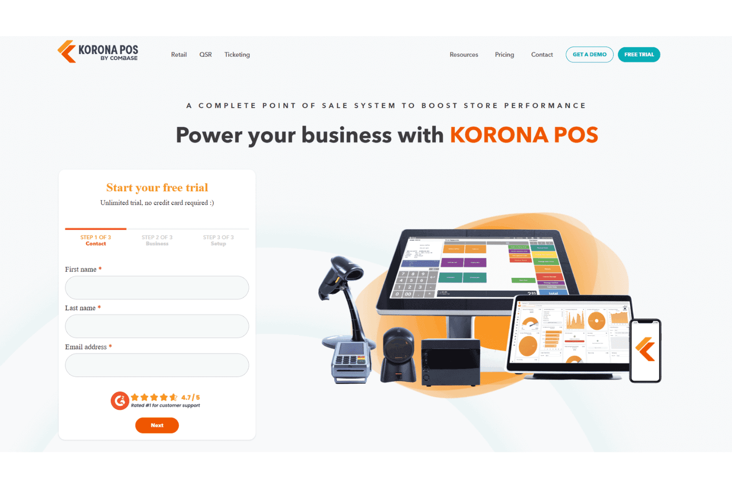 KORONA POS homepage showing free trial signup form with contact fields and POS hardware display, including touchscreen terminal, barcode scanner, receipt printer, and dashboard interface on multiple devices.