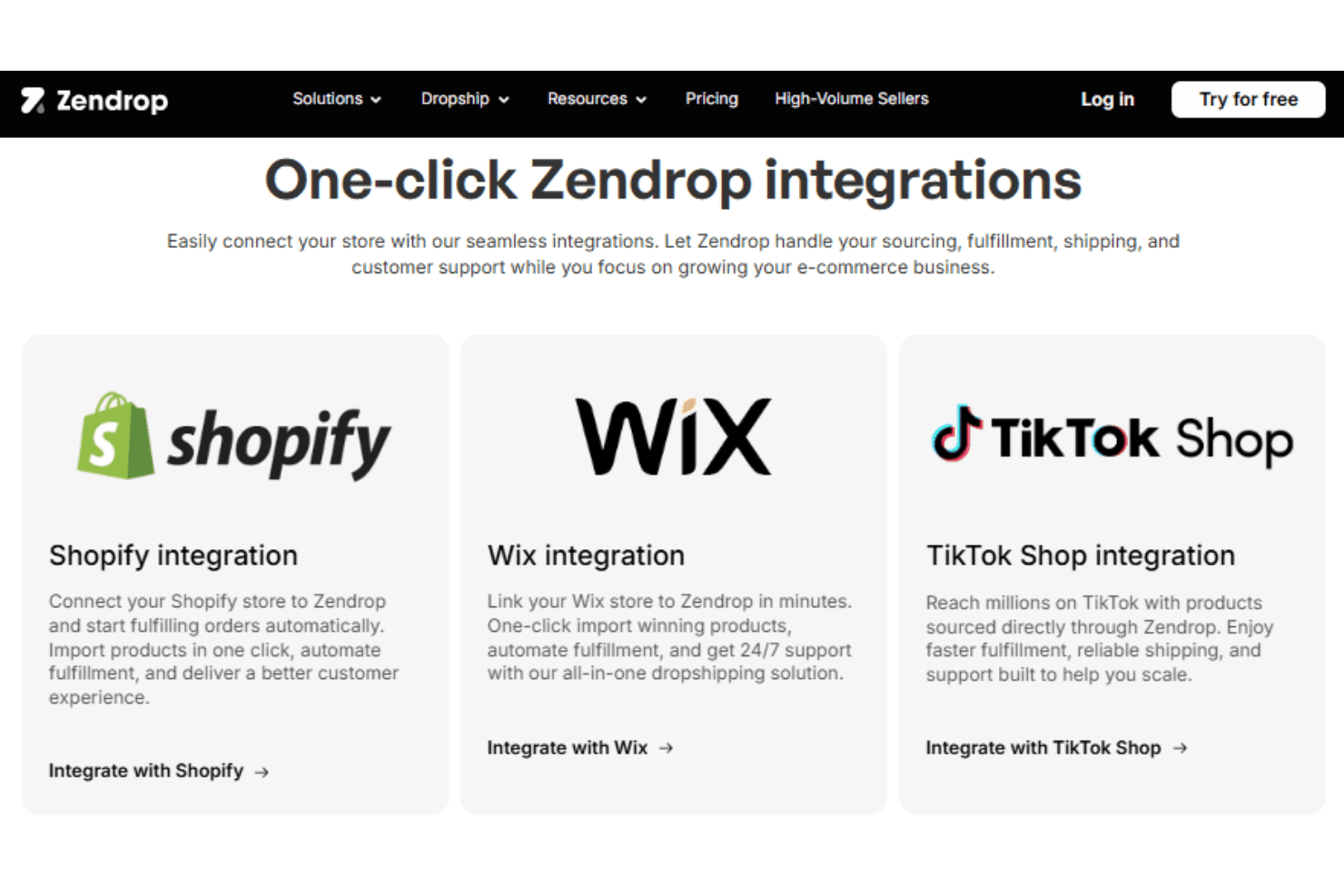 Zendrop integrations with Shopify, TikTok Shop US, ClickFunnels, and Wix for dropshipping automation.