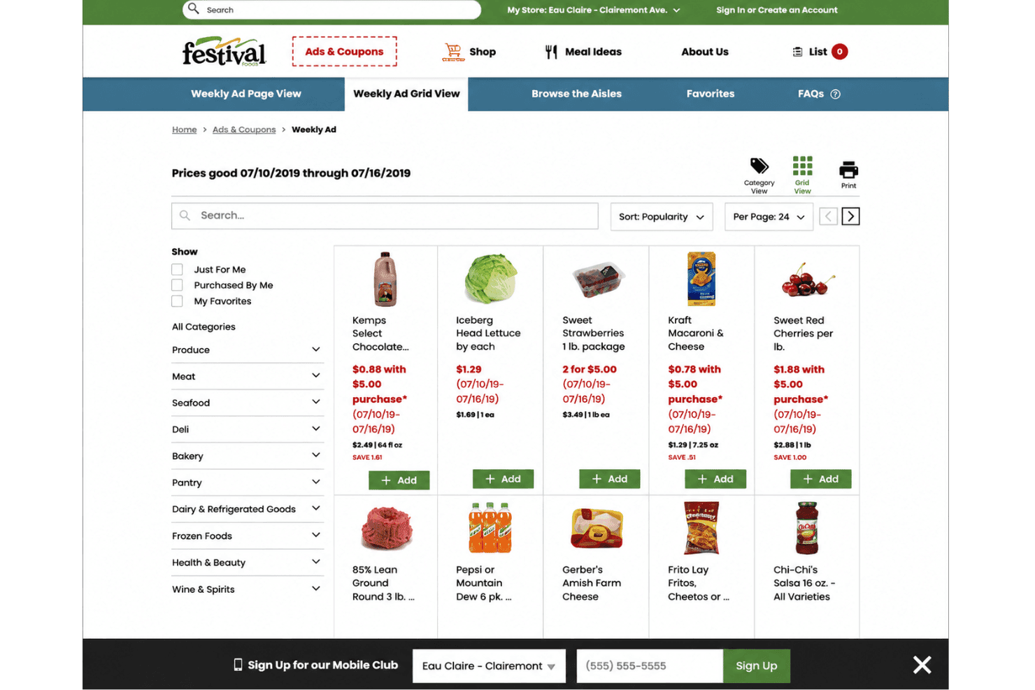 Freshop branded grocery storefront with products and store promotions.