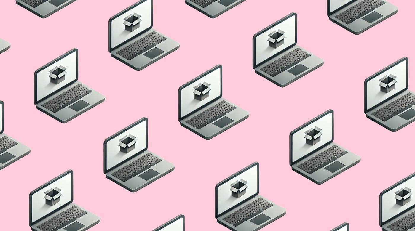 computers with open boxes on the screens on a pink background for what is inventory management software
