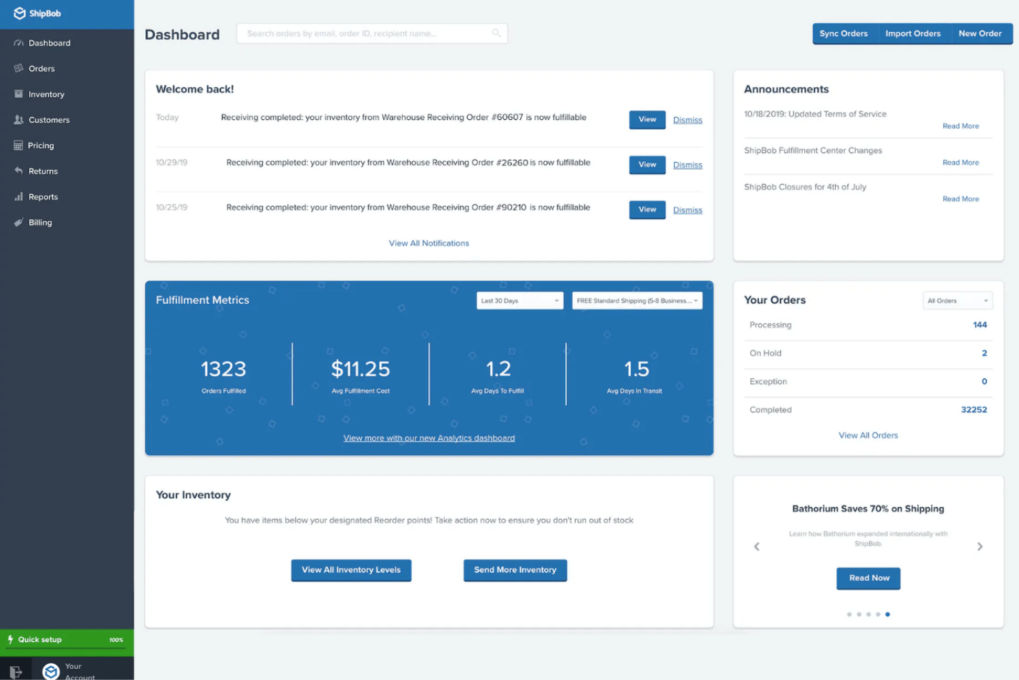 ShipBob streamlines orders, inventory, and shipping fulfillment.
