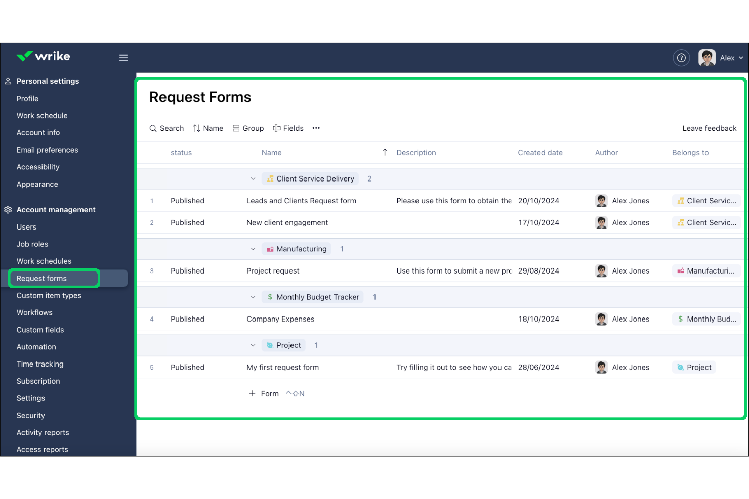 Wrike Request Forms settings page listing five published forms grouped by space