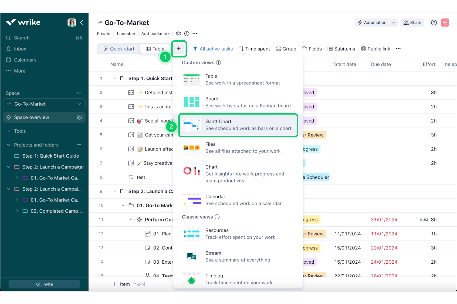 Wrike project management interface showing custom view menu with Gantt Chart option highlighted.