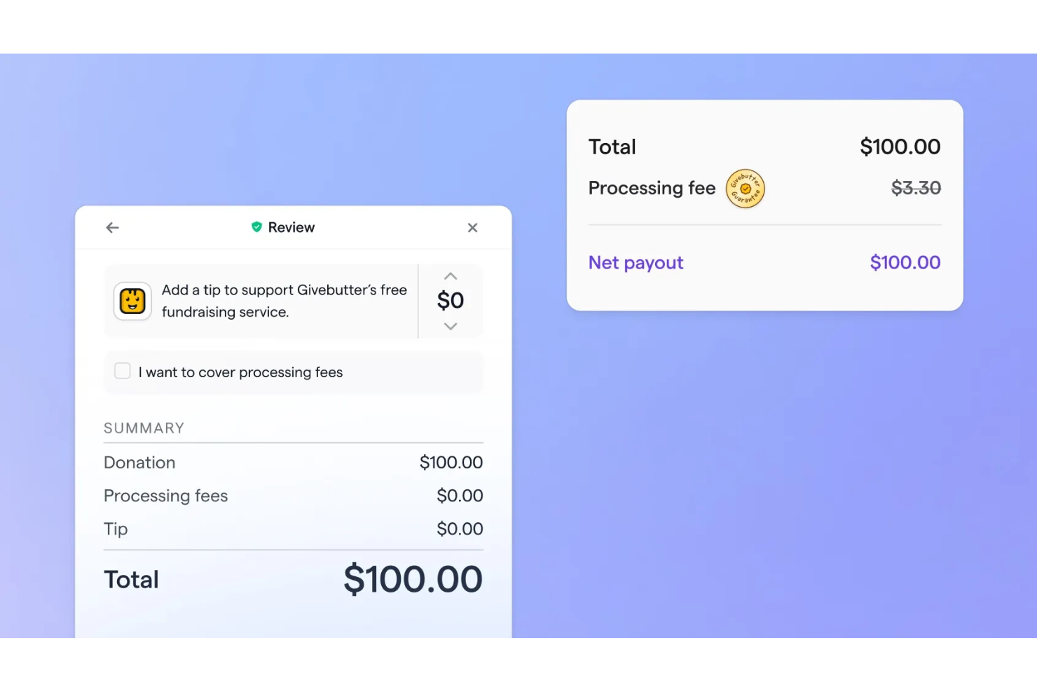 Givebutter donation review screen showing $100 total, tipping option, fee coverage checkbox, and net payout card.
