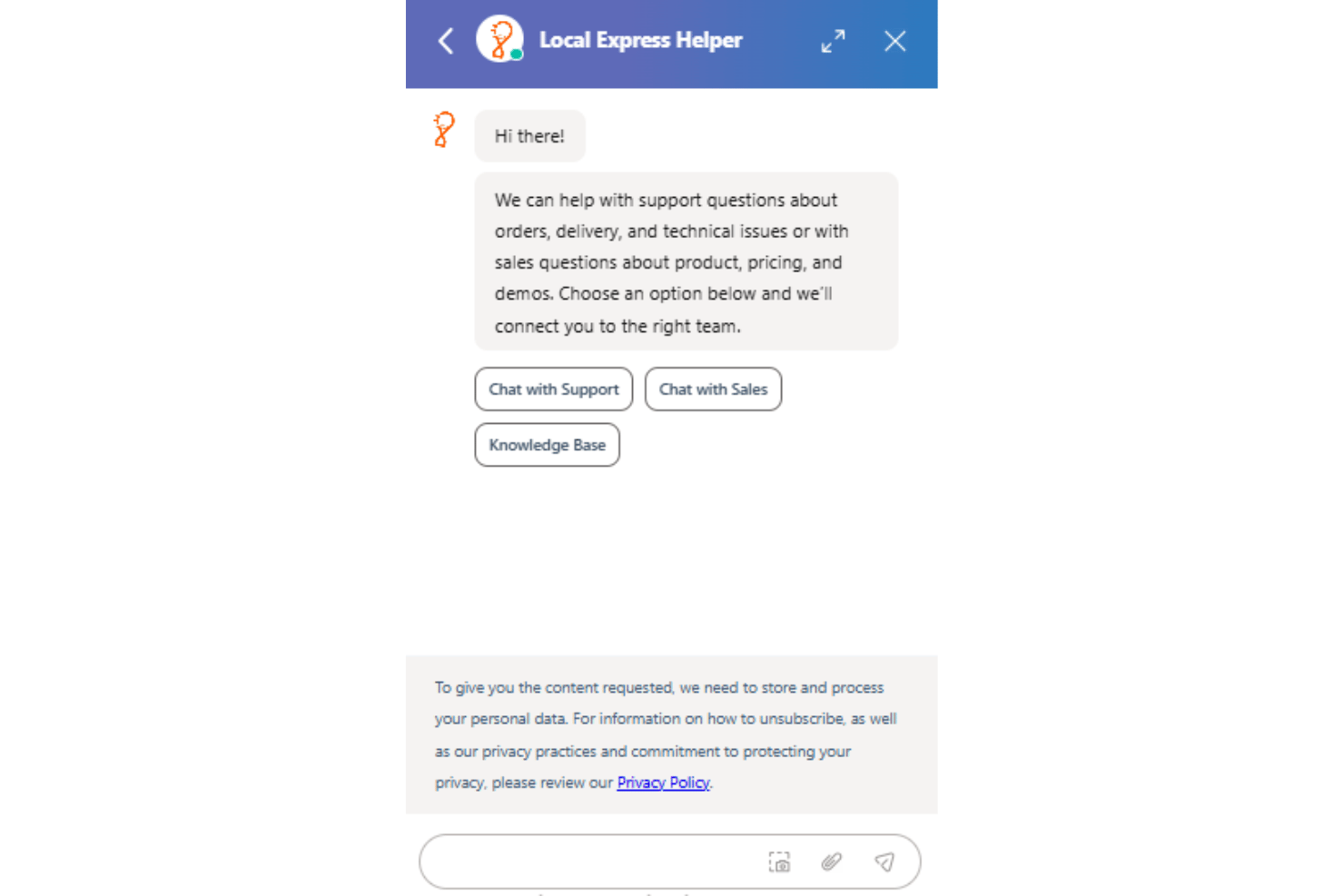 Local Express support center with chat, phone, and help resources.