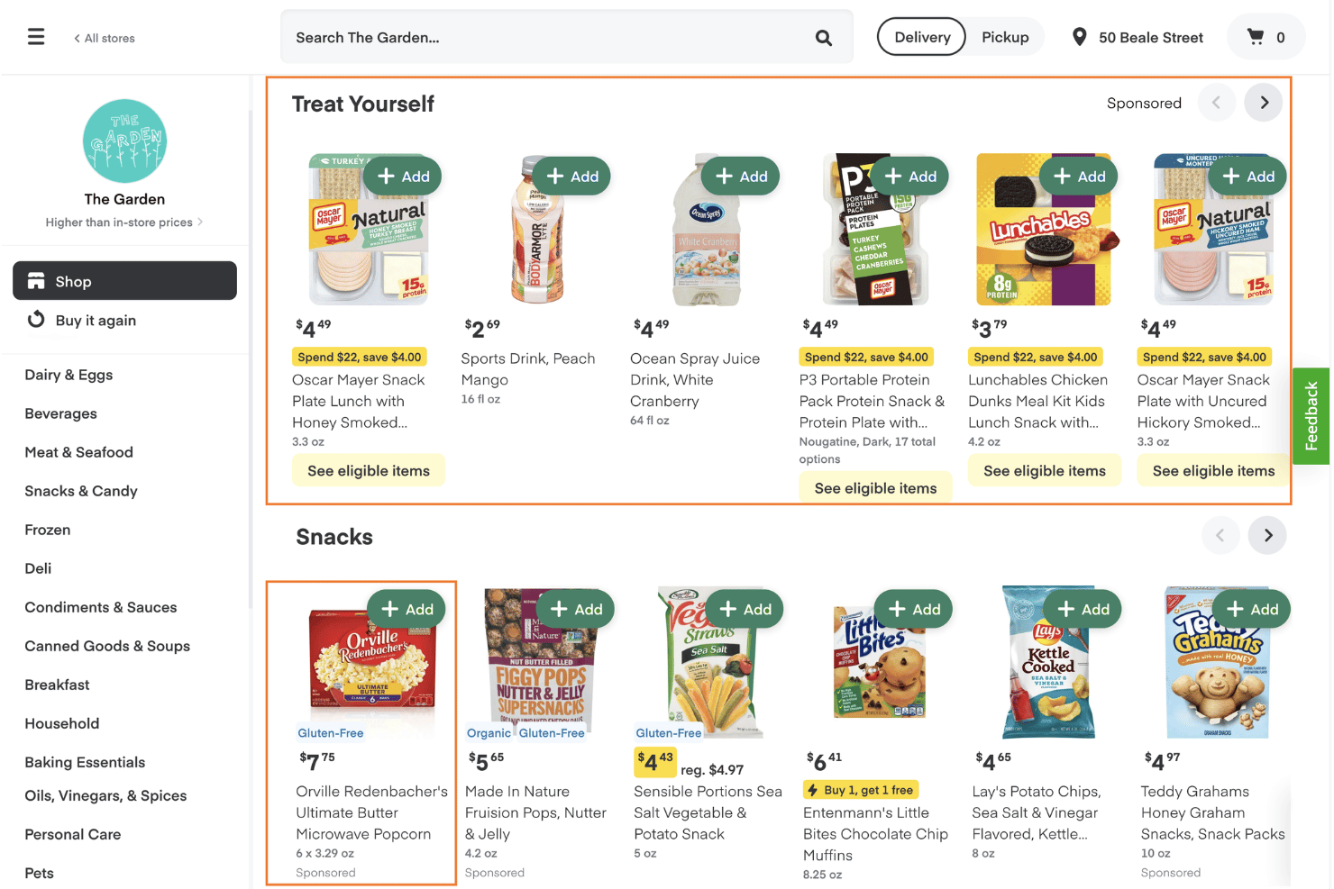 Instacart Storefront with sponsored grocery products and ad placements.