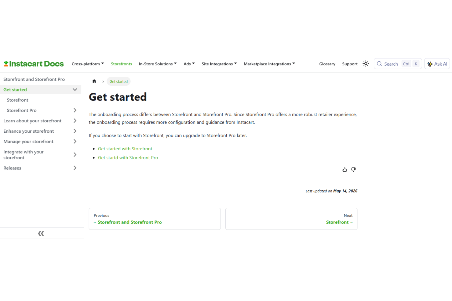 Instacart Storefront onboarding with guided setup and support.
